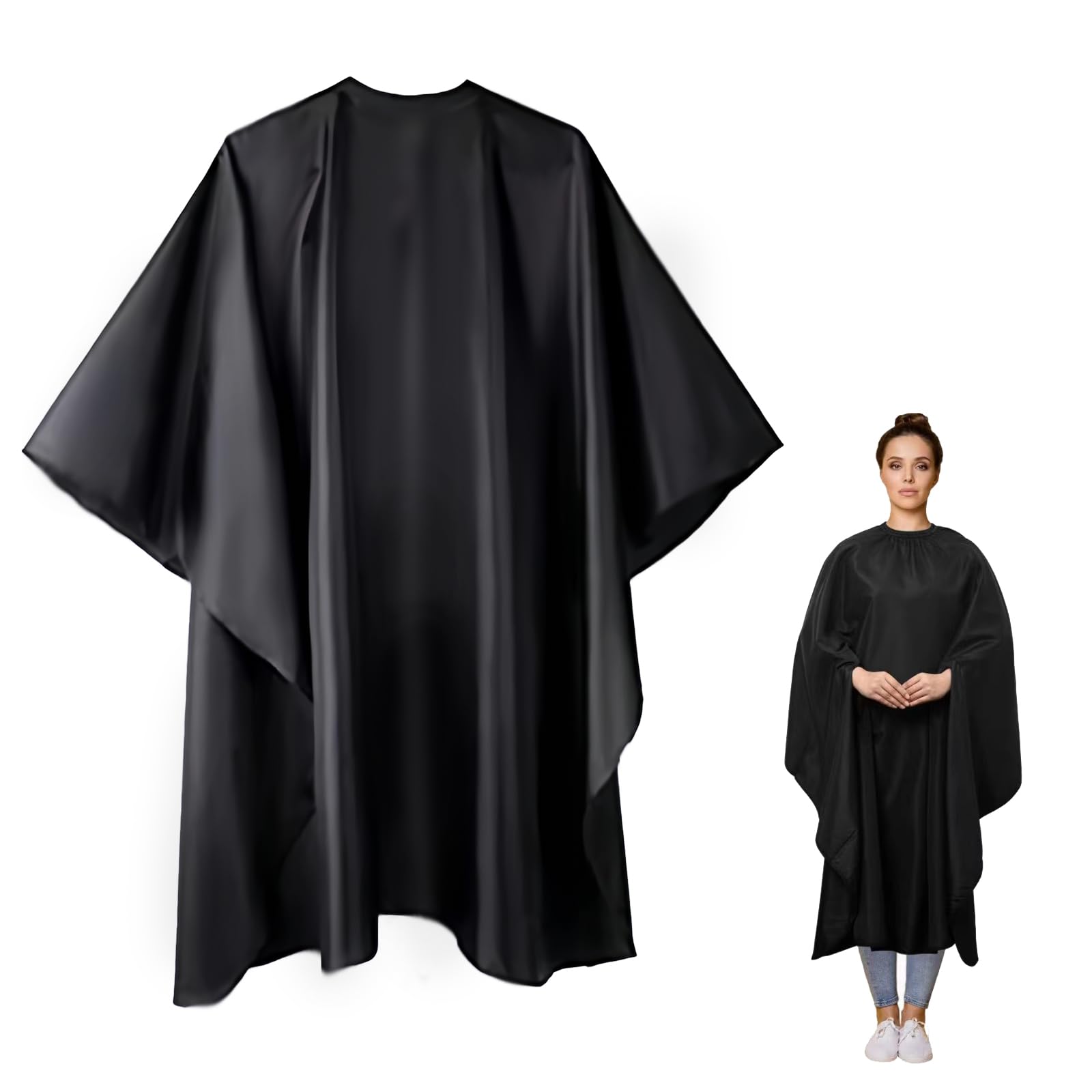 Elitecran Negro Capas para Peluqueria, Capa Peluquería Profesional Unisex Adulta con Hebilla Suelta Ajustable, Salón Bata de Corte Peluquero Paño Capa Cortar Pelo para Peinados Cortes y Teñidos