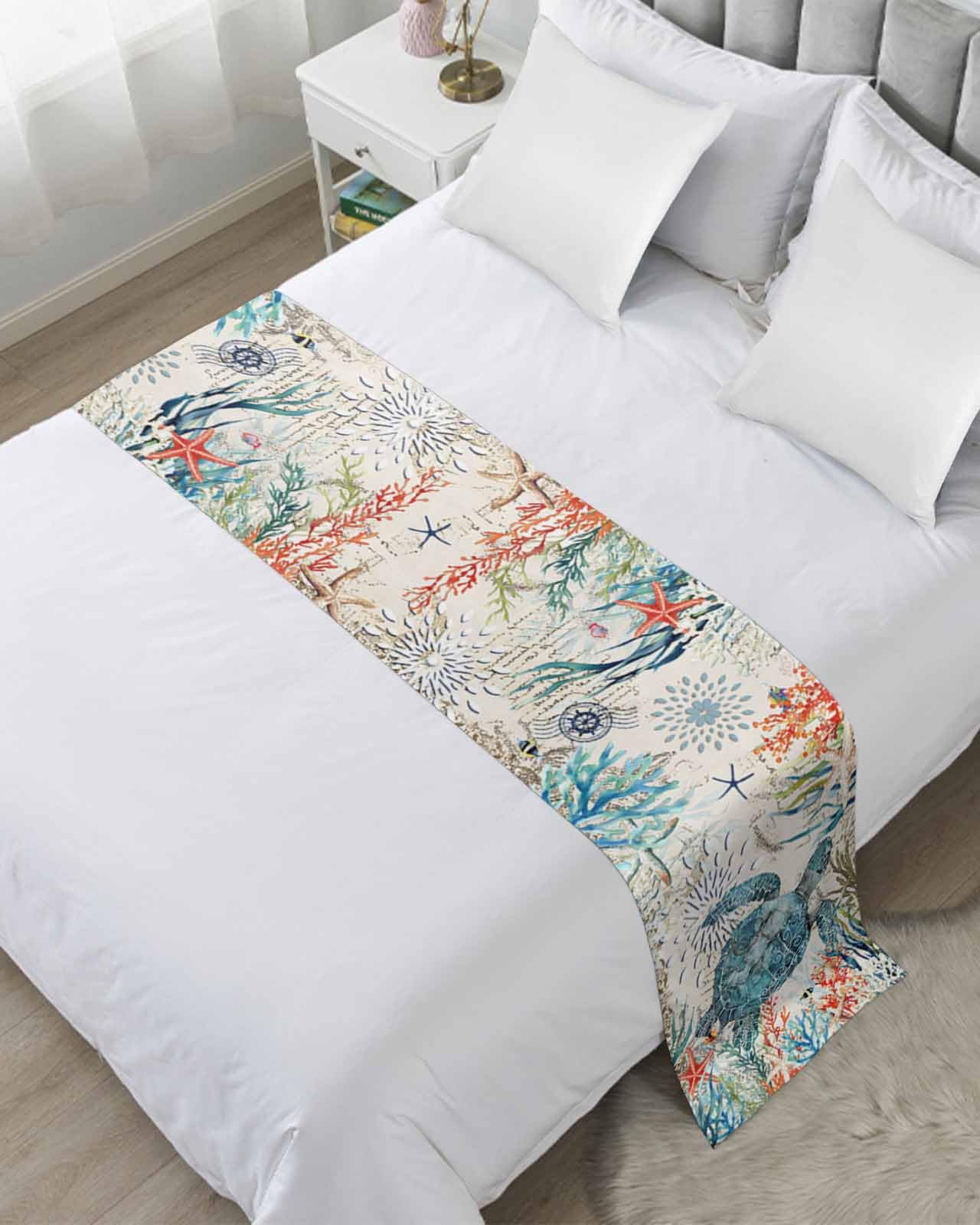 Twin Bed Runner Summer Turtle Watercolor Coral Bedding Runner Scarves Decorative Bed Scarf, Cartoon Starfish Retro Backdrop Soft Bedding Scarf for Bedroom Hotel Wedding 71x20in