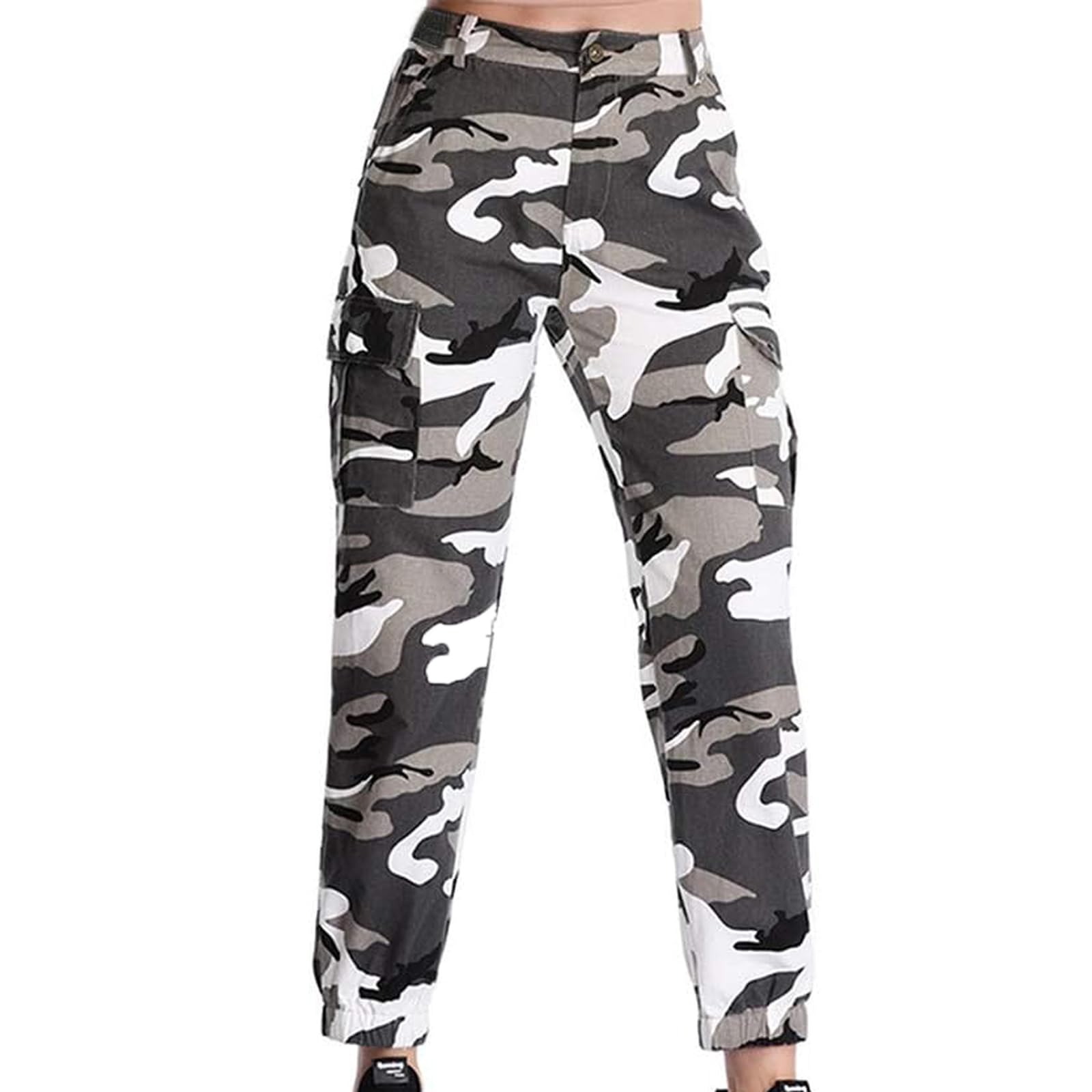 NituyyWomen's Camo Cargo Pants Camouflage High Waist Slim Fit Trousers Casual Zipper Patchwork Army Pants wth Pocket