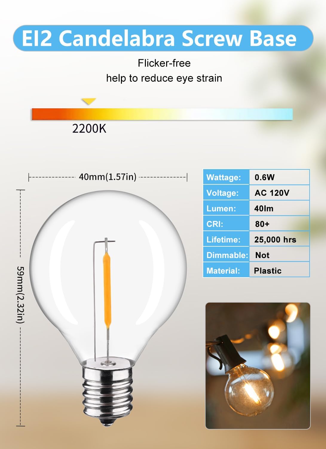 50Pack Plastic C7/G40 Replacement LED Light Bulbs - 0.6W Equivalent to 7W Incandescent Bulbs 2700K, E12 Screw Base Shatterproof & Waterproof LED Globe Light Bulbs for Outdoor String Lights
