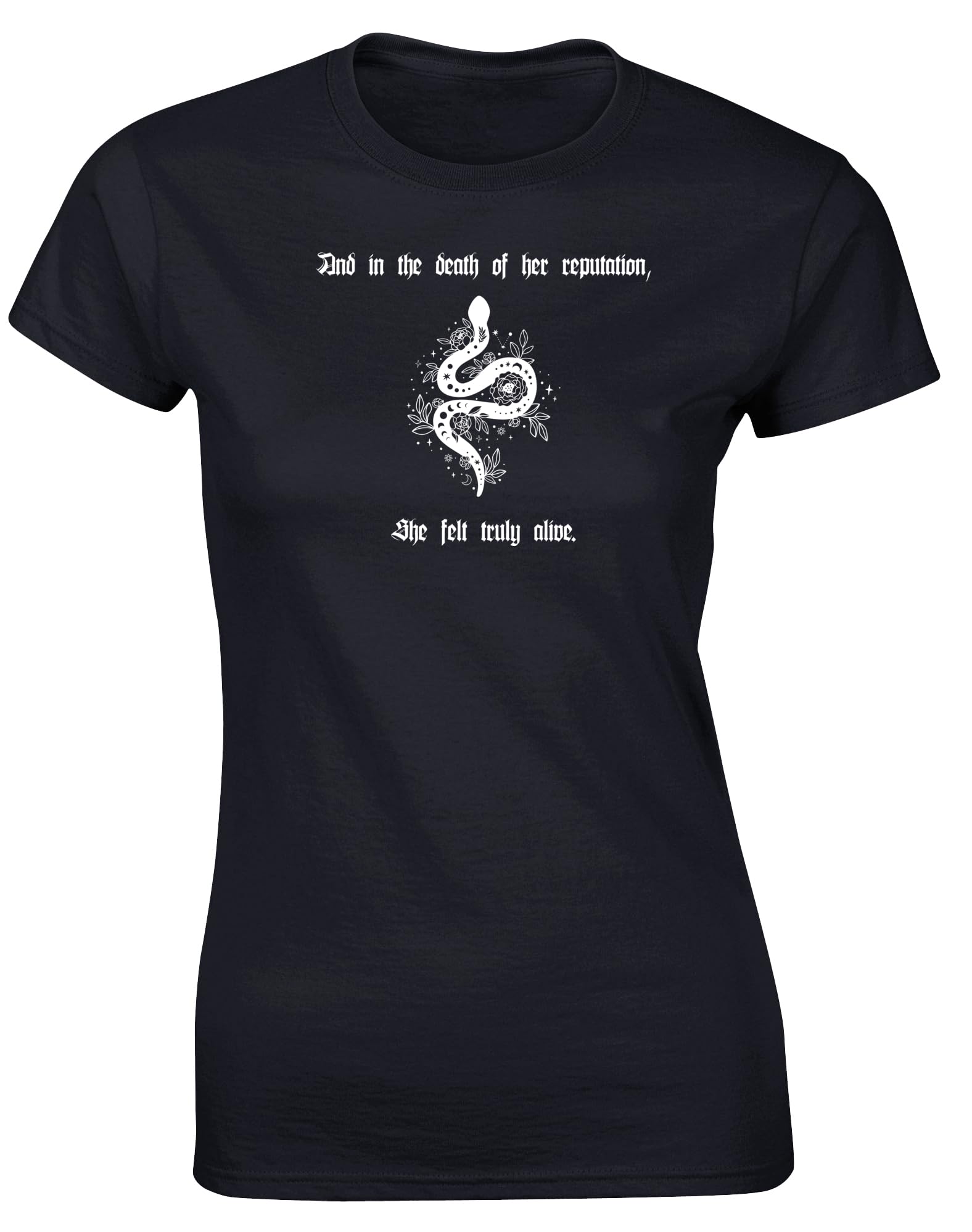 Hippowarehouseand in The Death of her Reputation, she Felt Truly Alive Womens Fitted Short Sleeve t-Shirt (Specific Size Guide in Description)