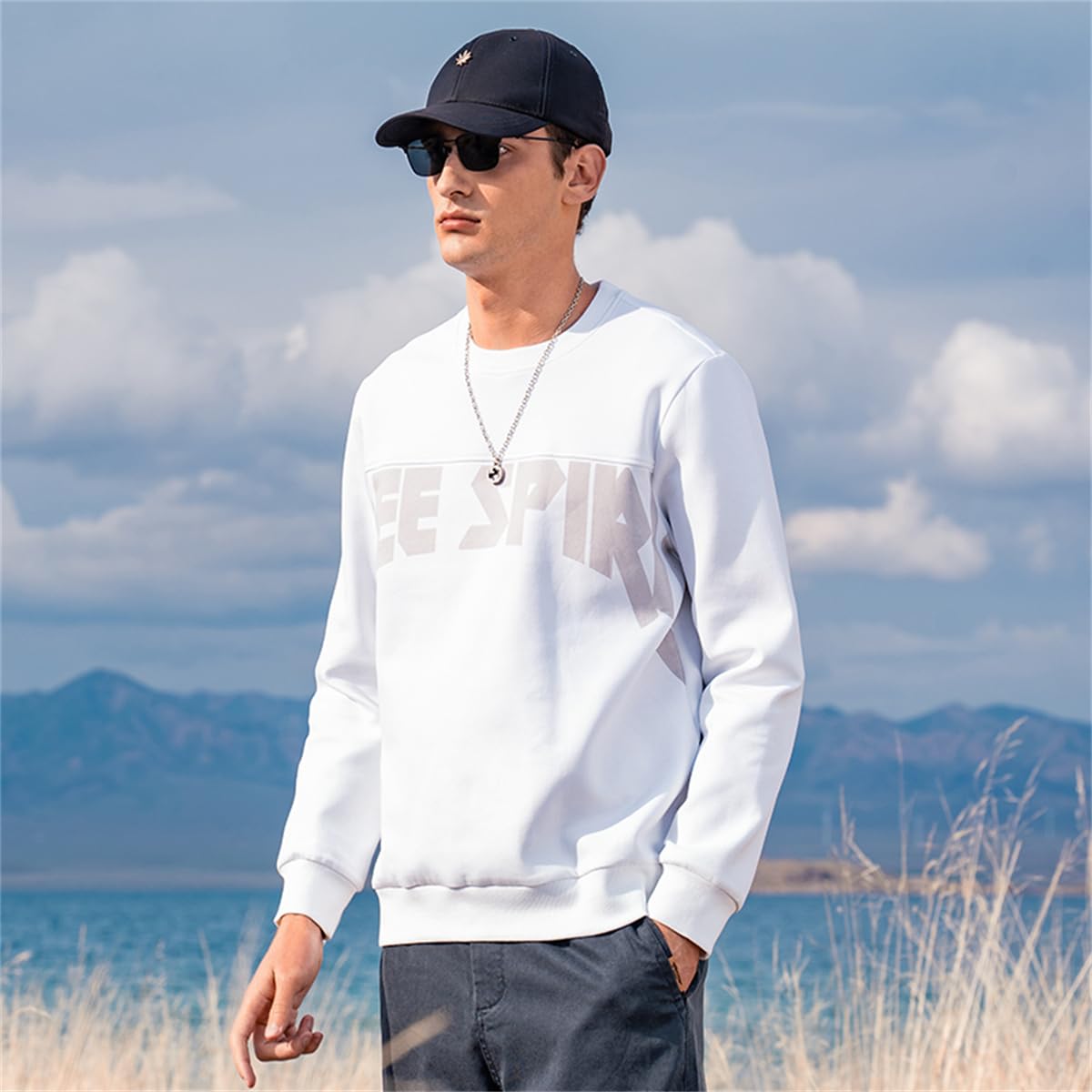 ZVX 370G Heavy Air Layer Sweater Men's Spring and Autumn American Retro Long Sleeve Underwear Top White