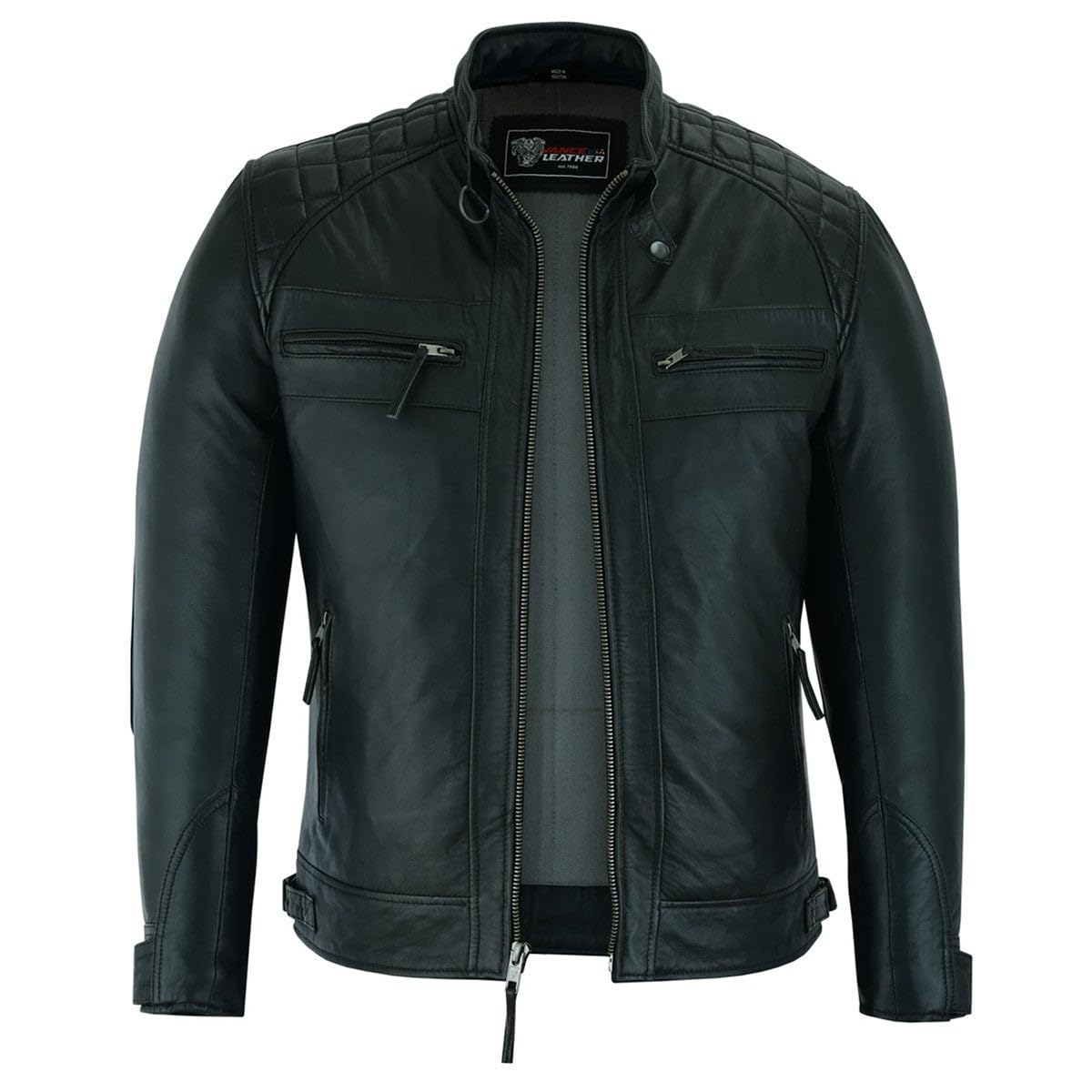 Vance Leather Mens Cafe Racer Waxed Lambskin Austin Brown Motorcycle Leather Jacket