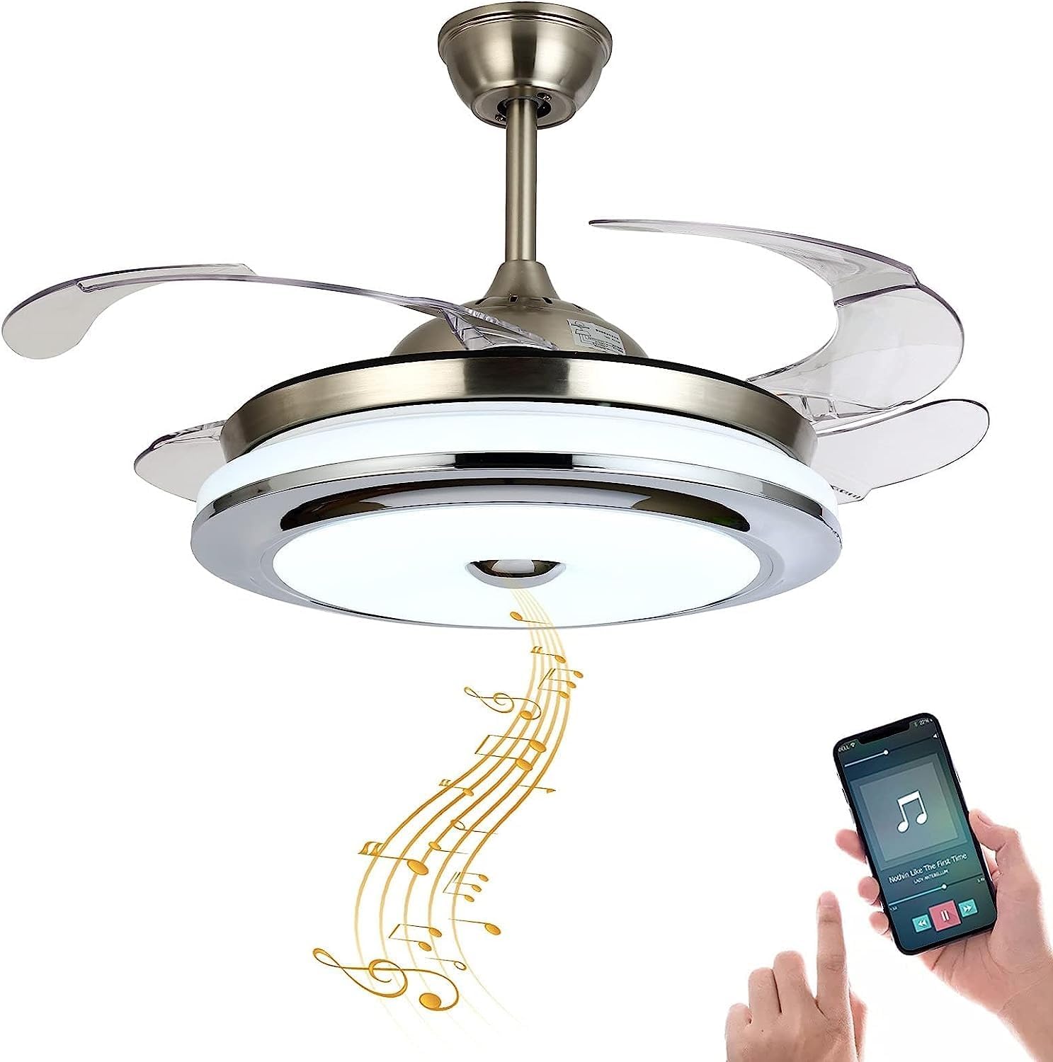 42'' Reversible Bluetooth Ceiling Fan with Light and Speaker, LED Dimmable Fandelier Ceiling Fan Light with Remote Control Retractable Invisible Music Player Chandelier for Living Room