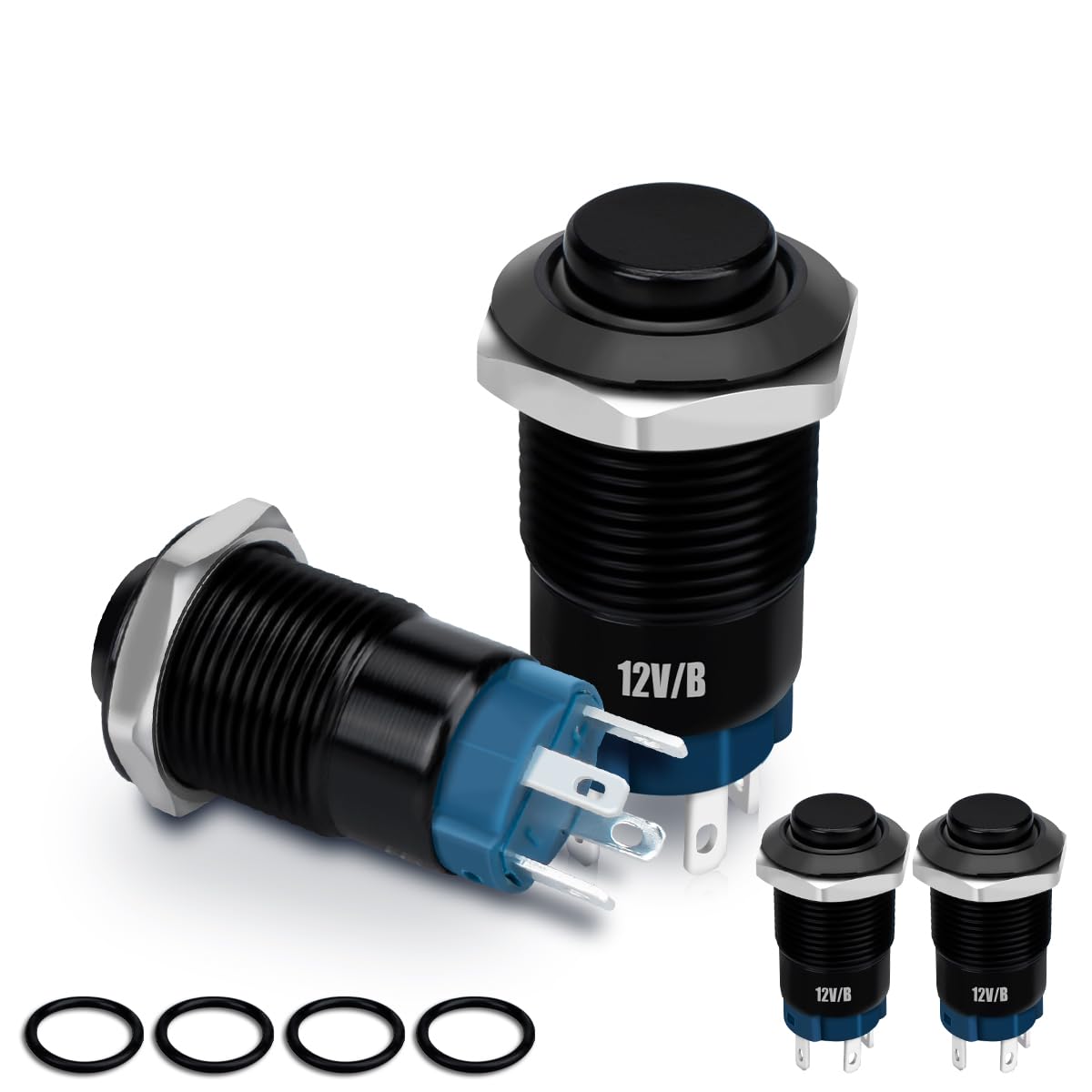 4 Pcs Interruptor pulsador impermeable DC 12V SPST ON/OFF Interruptor para agujero de montaje de 12mm carcasa de metal negro con anillo de luz LED azul