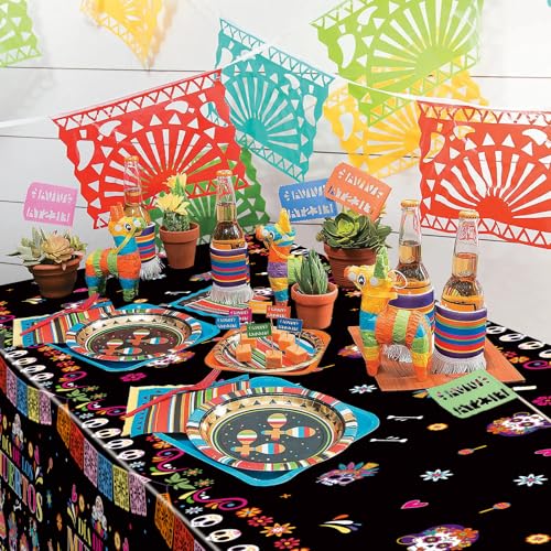 Image of Gistome 3-Piece 54 x 108 Inch Day of the Dead Plastic Tablecloth - Colorful Sugar Skull Disposable Table Cover for Dia de Los Muertos, Mexican Fiesta, and Halloween Party Decorations