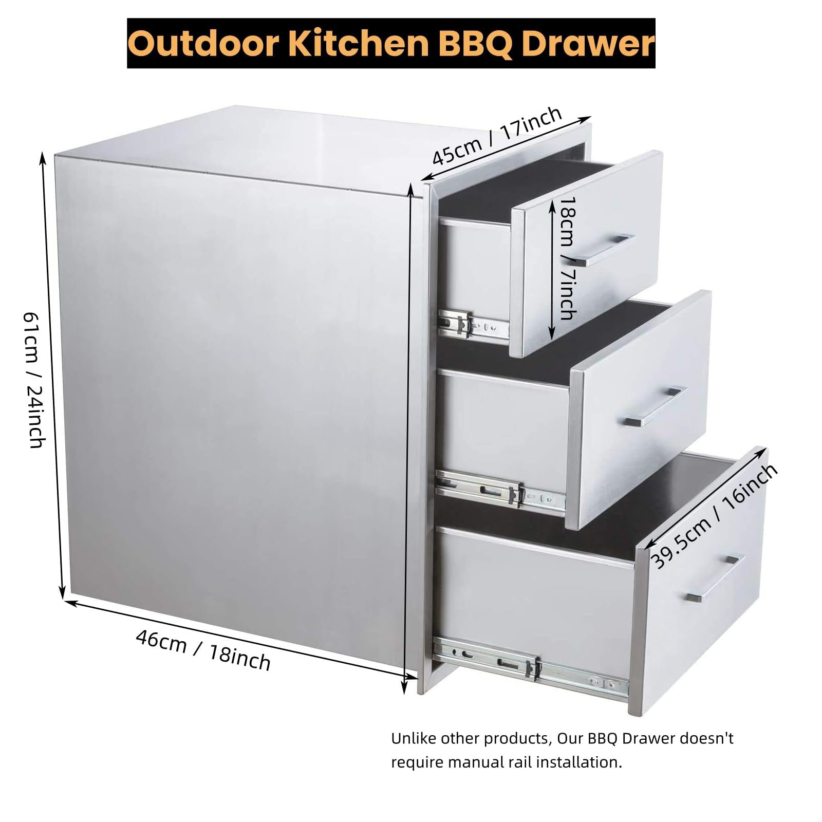 Küchenschubladen Outdoor, 45x46x61cm Außenküchenschubladen mit dreifachem Zugriff, Aschekasten, Schubladenaufbewahrung mit Edelstahlgriff für Grillinsel, Grillstation, Grillkamin Grill Rost Kamingrill