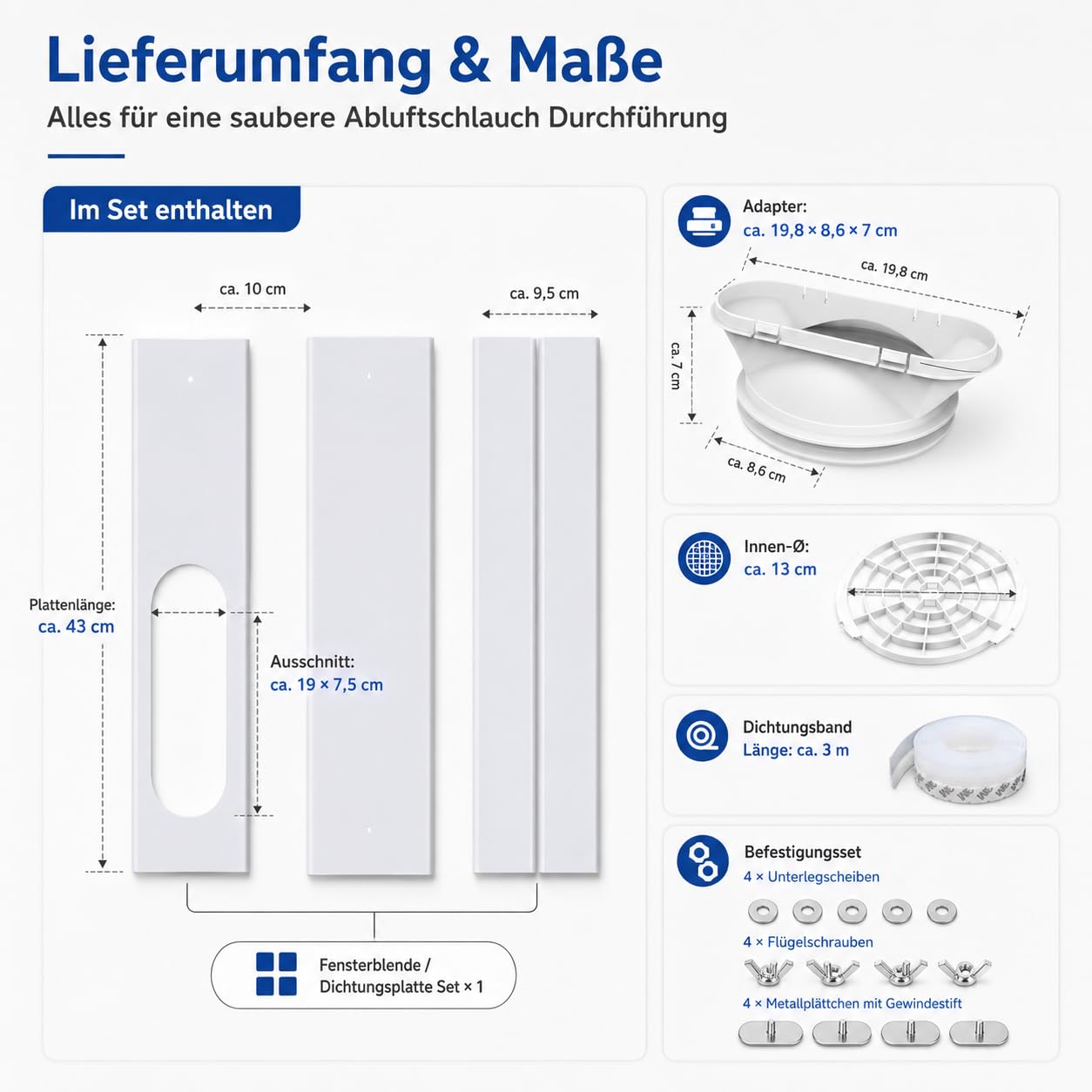 Abluftschlauch Fensterdurchführung für mobile Klimaanlage, Rolladen Fensterblende mit verstellbarer Dichtungsplatte, Fensterabdichtung Klimaanlage (4PCS)