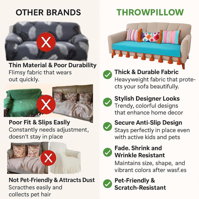 Image of WWW.THROWPILLOW.IN ThrowpillowTan L Shape Sofa Cover- 6 Seater Corner Sofa Cover with Tassels for Living Room - Fits 2 Seater + 3 Seater & Corner Sofa -5 Pc Set of 3 Seat Covers & 2 Armrest Covers|