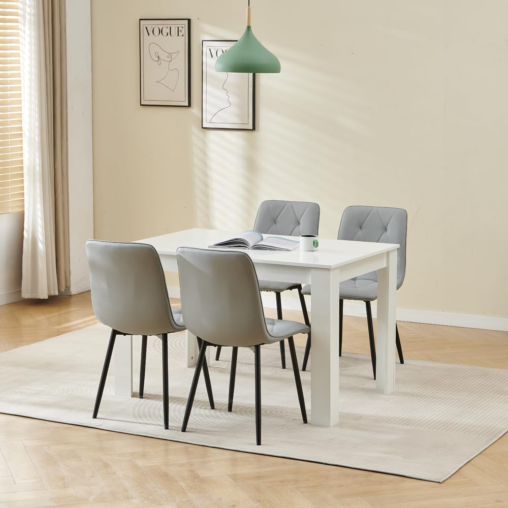 Redd Royal 120cm Wood Dining Table and Chairs Set of 4 for Small Space, Modern Rectangular Kitchen Table with 4 Seater Chairs (Grey Leather Argyle Grid#2, White Table with 4 Chairs)