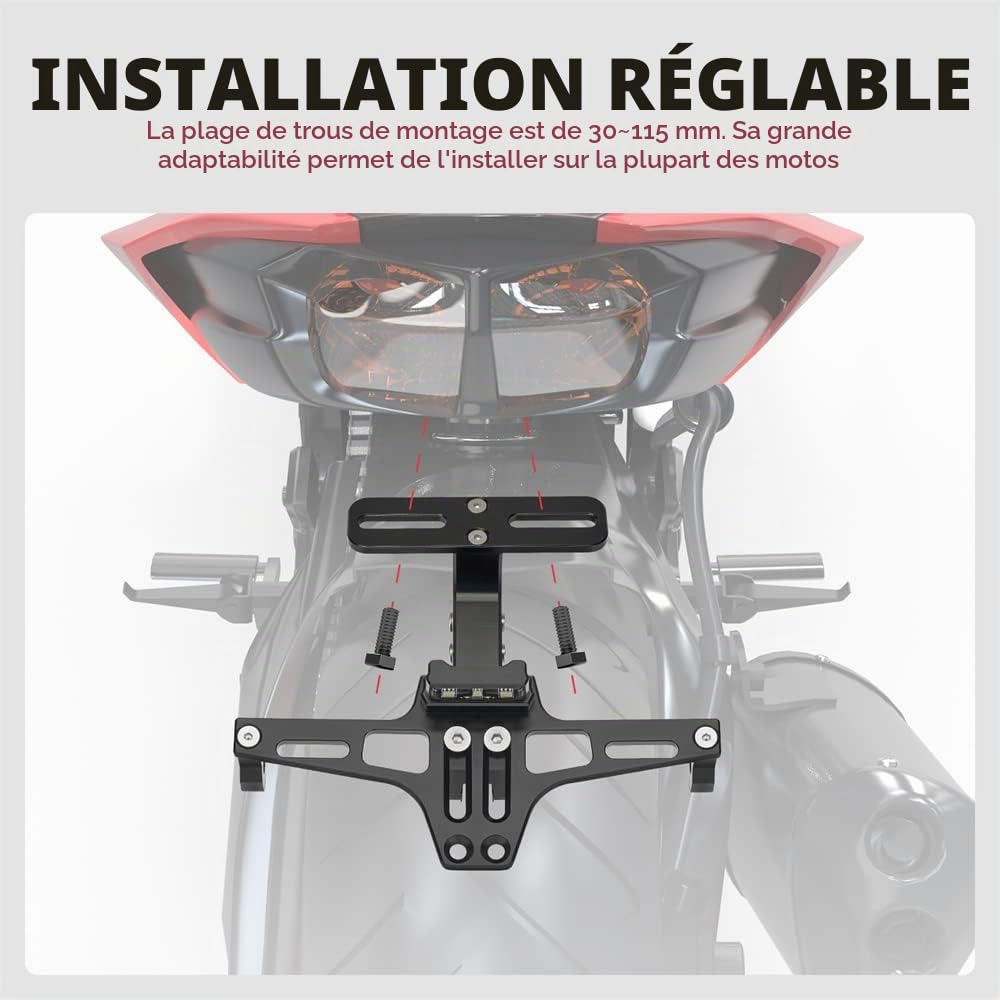Universel Moto Supports de Plaque D'immatriculation Réglable pour MT-07 MT-09 YZF-R6 R125 Kawasaki Z650 Z750 Z900 S1000/R Duke 125 390 690 SMC Suzuki Bandit 650 1200 1250 (Noir)