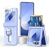Card Holder Case for Samsung Galaxy Z Flip 5/6/7 FE with Ring and Hinge Protection, 2X Screen Protectors, Slim Wallet Cover Hard PC Anti-Fingerprint Matte Shell for 5/6/7 FE, Purple