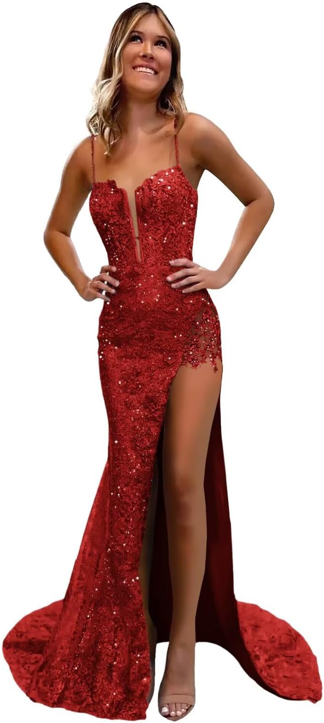 Lace Applique Prom Dresses for Women Sequin Sparkly Corset Mermaid Long Slit Formal Evening Dress