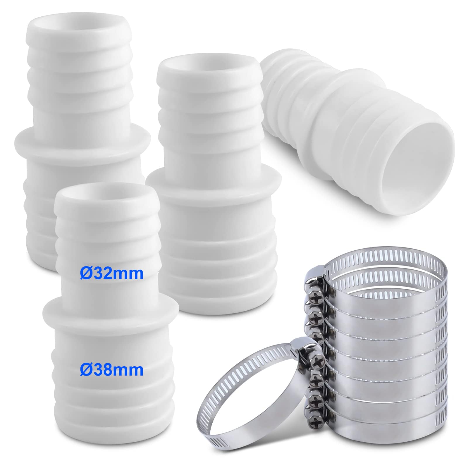 4 PCS Adaptador Manguera de Piscina 38 a 32mm,Conector Manguera de Piscina 32-38 mm, Conectores con 8 Abrazaderas, Apto para Mangueras de 32 y 38mm de Diámetro