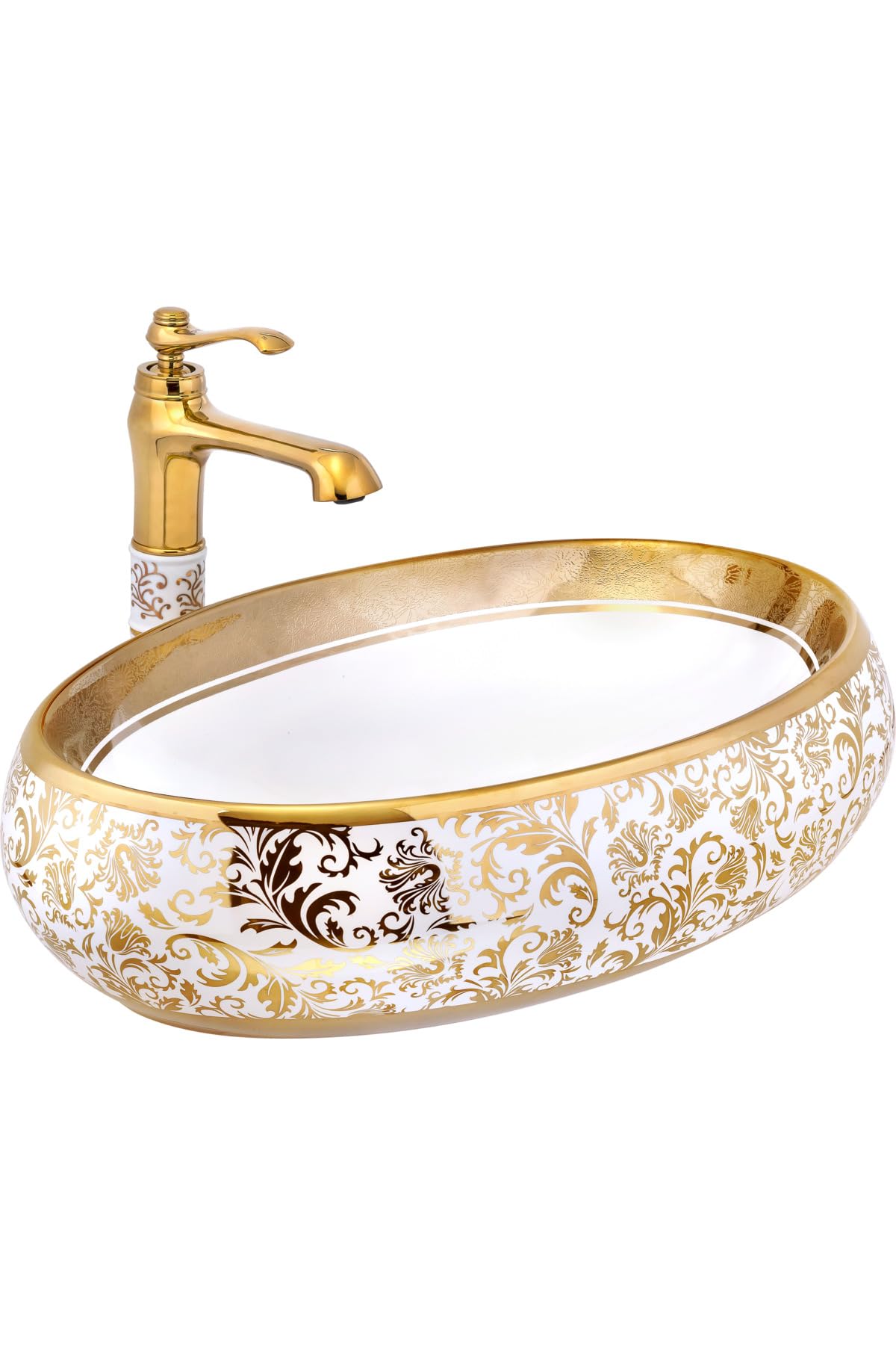 Vessel Sink Gold White Ceramic Bathroom Sink Oval Above Countertop Faucet Included - White, One Size