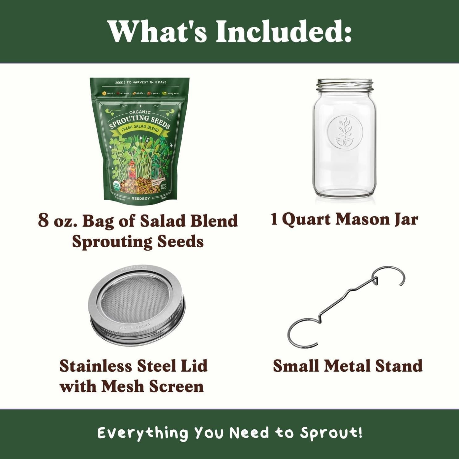 Seedboy Organic Non-GMO Fresh Salad Blend Sprouting Seeds & Kit - Includes Jar, Lid & Stand - USA Grown Microgreens Mix - 8 oz Bag Makes 32 Servings (Sprouting Jar/Salad Blend)