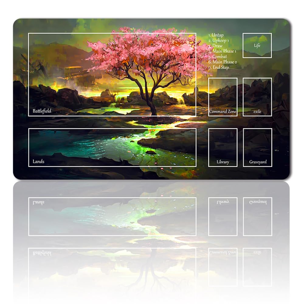 Four leaves MTG Playmat + Free Storage Bags Size 60 X 35 Cm TCG and Board Game Mat for Cards,Mouse Pad Desk Mats Compatible for MTG TCG CCG (pink tree2,With Zone)