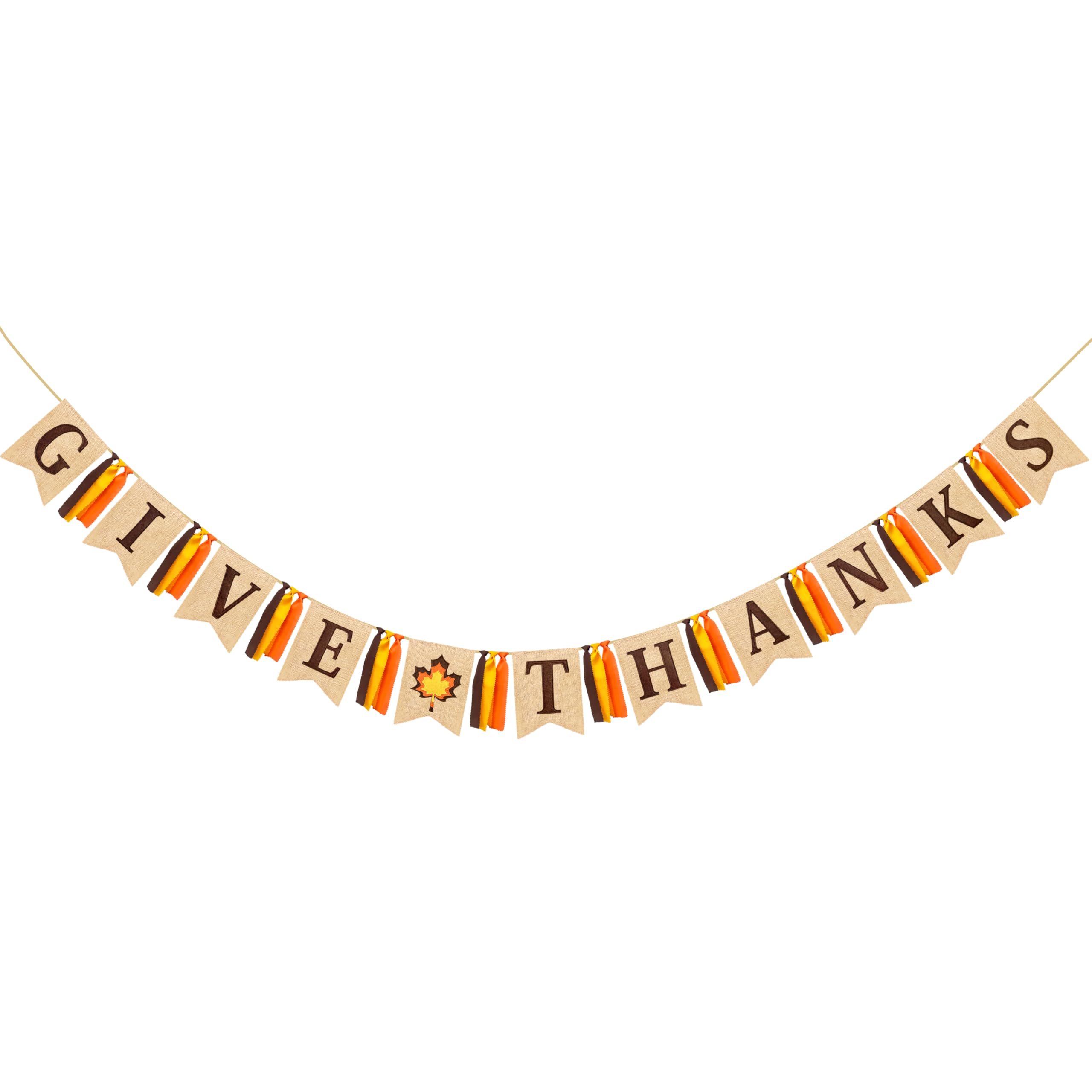 Thanksgiving Maple Leaf Burlap Pennant Banner Flag Felt Give Thanks Sign and Maple Leaf Pattern with Fall Color Ribbon for Thanksgiving Day Fall