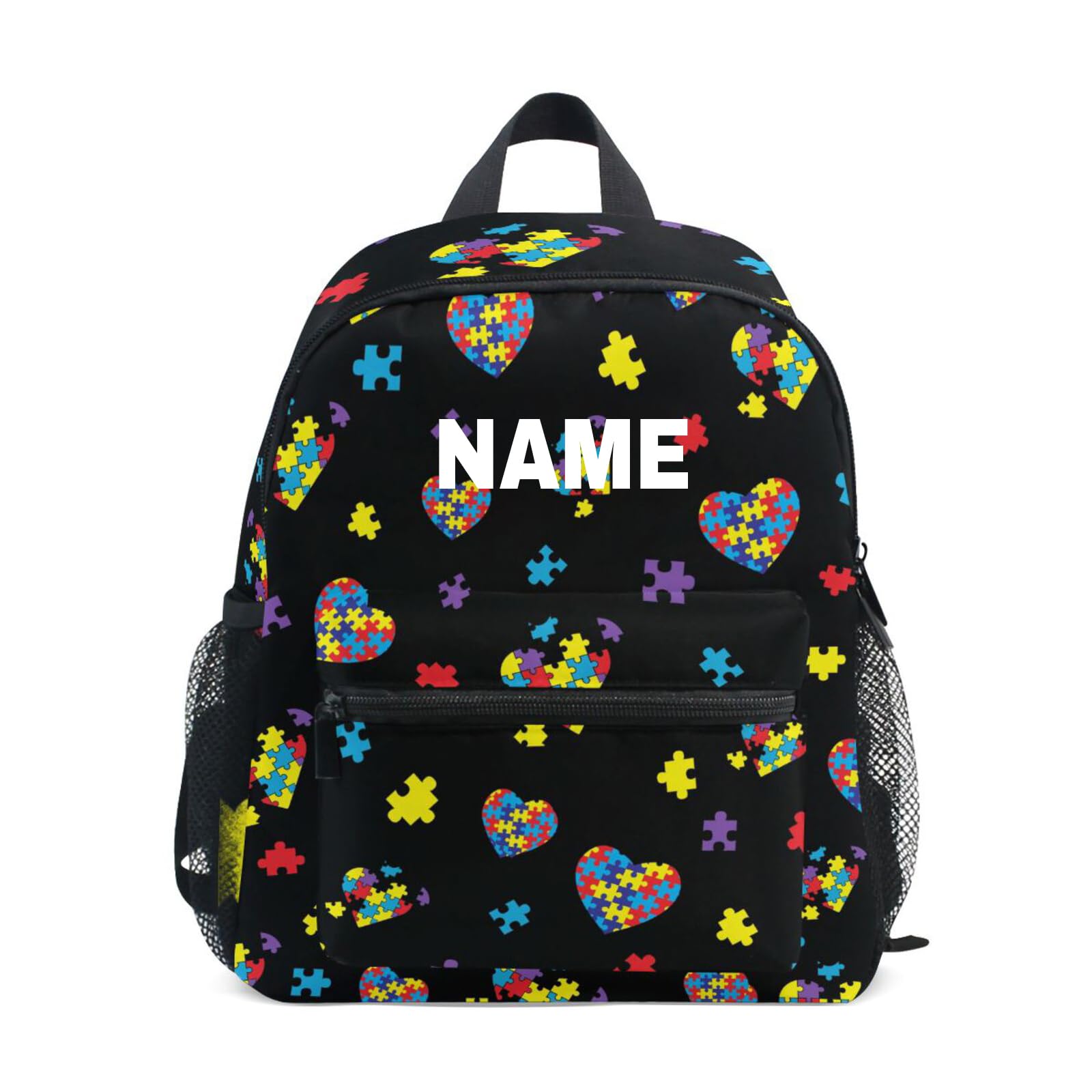 ZAZYXTJ Personalized Autism Awareness Colorful Puzzle Kids Backpack for Boys Girls Toddler Backpack with Chest Strap Name Tag Preschool Backpack 3-8
