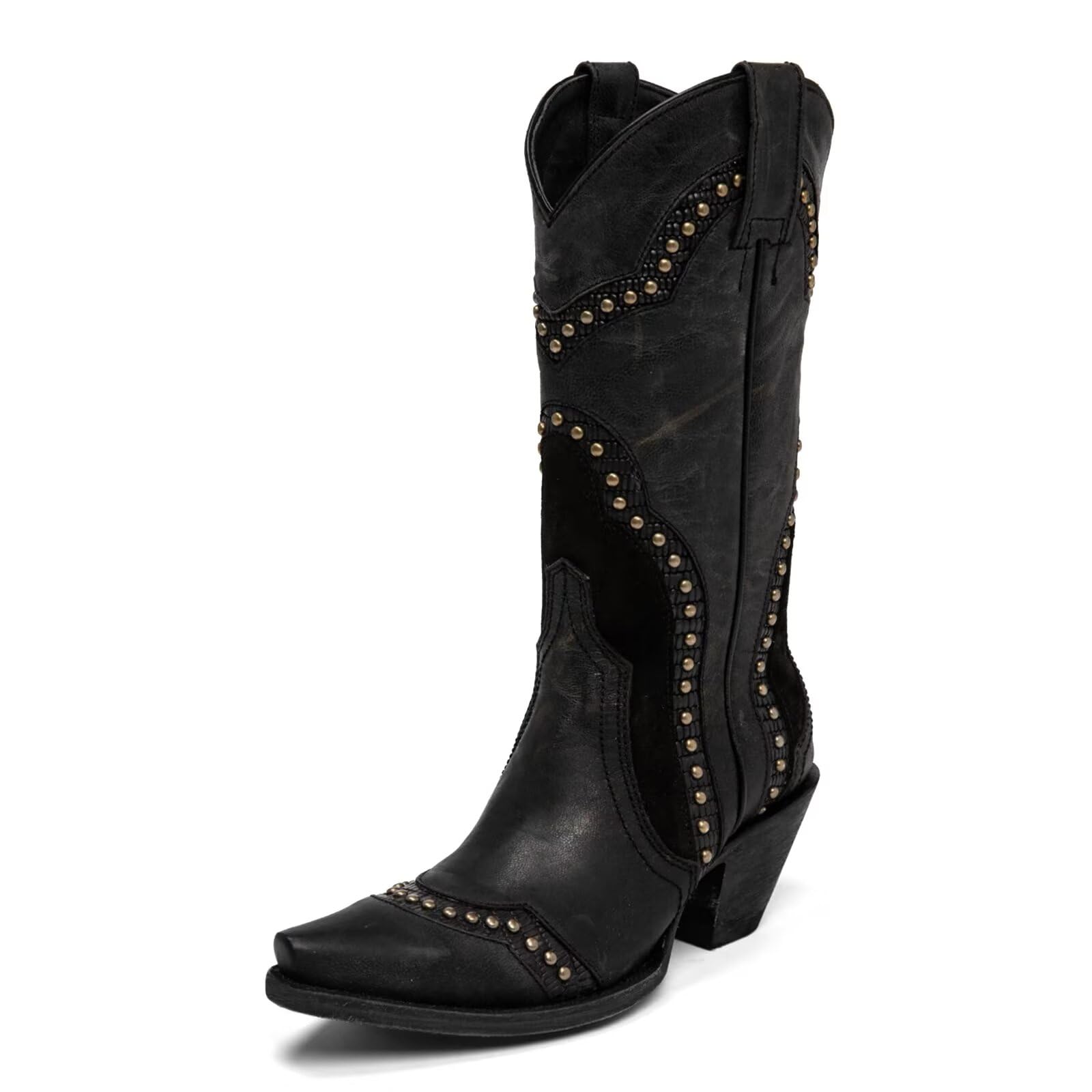 Agodor Black Cowboy Boots For Women Cowgirl Ladies Mid Calf Boots with Classic Studded Pointed Toe Chunky Heel