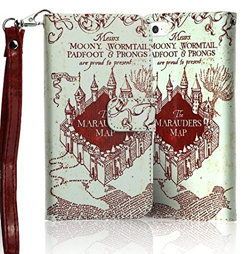 iPhone SE Case Wallet, DURARMOR Harry Potter & Hogwarts Marauder's Map Premium PU Leather Wallet Case with ID Credit Card Cash Slots Flip Stand Wrist Strap Carrying Case for Apple iPhone SE /5s/5