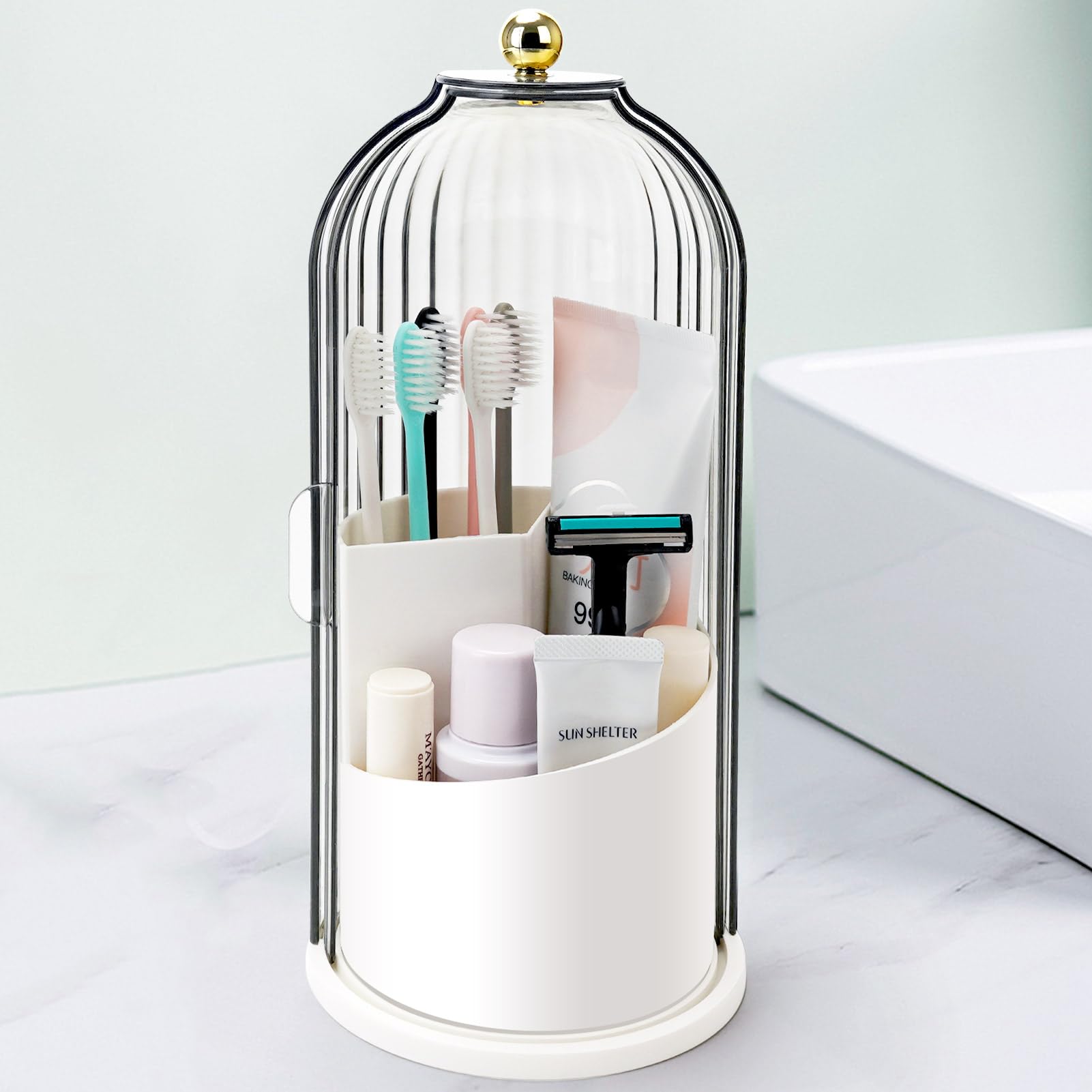 Toothbrush Holders with Sliding Lid, Rotating 3 Slots Bathroom Organizer Countertop, Tooth Brush Toothpaste Holder Bathroom Counter Stand Sink Organizer Caddy for Vanity Makeup Brushes Holder