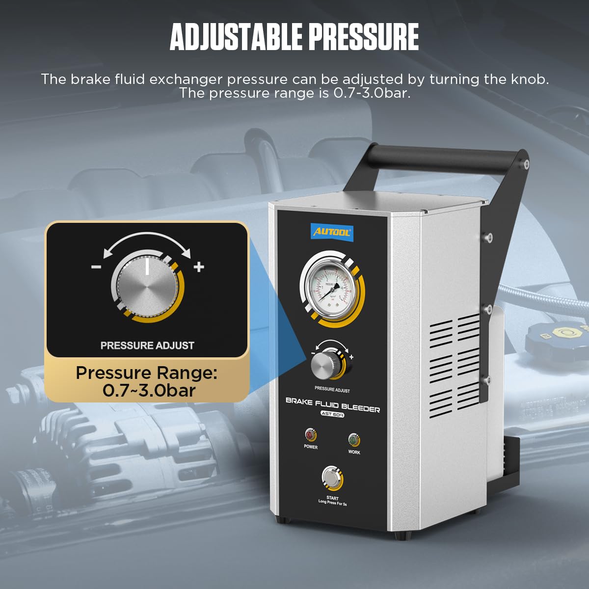 AUTOOL Purga de Freno Eléctrica- AST609 220V Equipo de Purga de Frenos Automático Pulsante con Bomba de Aire Incorporada y 7 Adaptador Presión Ajustable 0,5~2,5Bar para Vehículos