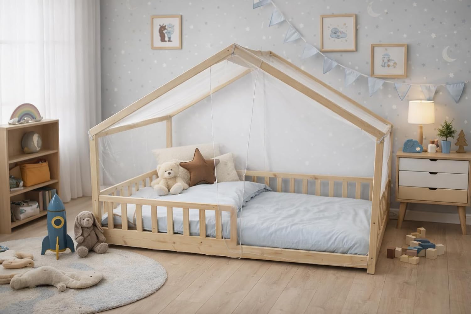 Letto Casetta, Zanzariera Integrale per Letto Bambino 90x190 cm - Attenzione solo Tetto a forma di tenda - Protezione Anti-Insetti - Discreta e Rimovibile (90x190 cm, CASA)