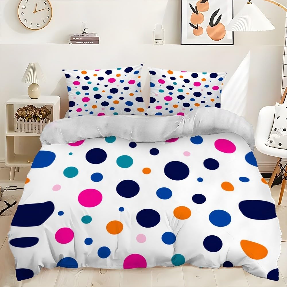 Pościel 3D 240 x 220 cm, miękka mikrofibra, proste kolorowe kropki, 3-częściowa poszwa na kołdrę z zamkiem błyskawicznym, hipoalergiczna, wysokiej jakości zestaw białych pościeli dla dzieci i