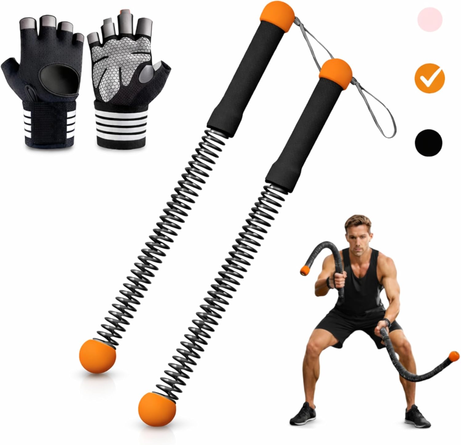 Cordless Battle Ropes (2 PCS) – Portable Weighted Ropeless Battle Rope Sticks with Hand Gloves for HIIT Workout, Home Gym Strength & Cardio Training (Black & Orange)