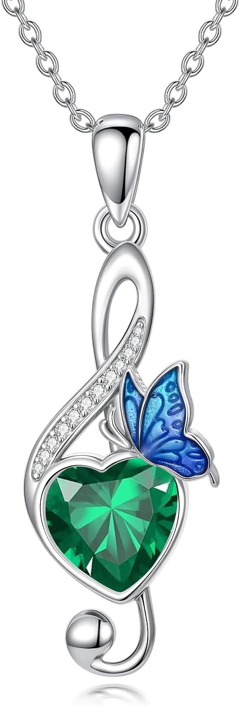 Music Note Birthstone Necklace S925 Sterling Silver Butterfly Treble Clef Pendant Necklace Birthday Christmas Jewelry Gifts for Women Musician Music Lovers