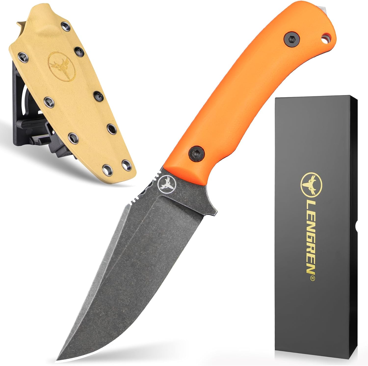 Spark Fixed Blade Knife with Sheath, Textured Wood Handle, Full Tang Outdoor Hunting Camping Survival Knife (Orange G10 Handle)