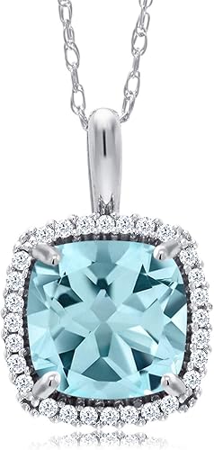 Gem Stone King 10K White Gold Gemstone Birthstone and White Diamond Halo Pendant Necklace Cushion Cut 7MM White Gold Necklace for Women with 18