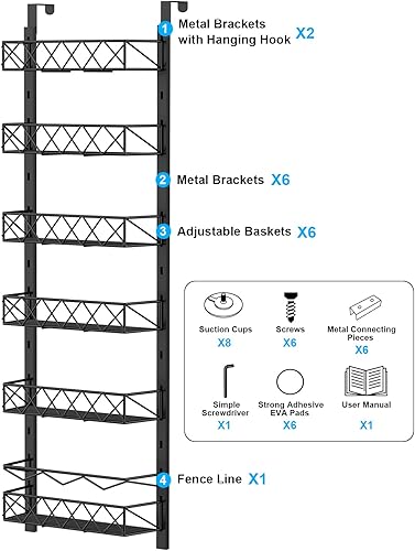 Miniatura 6 de Organizador de despensa sobre la puerta, organizador de puerta de despensa de 8 niveles con cesta ajustable, estante de metal para especias para