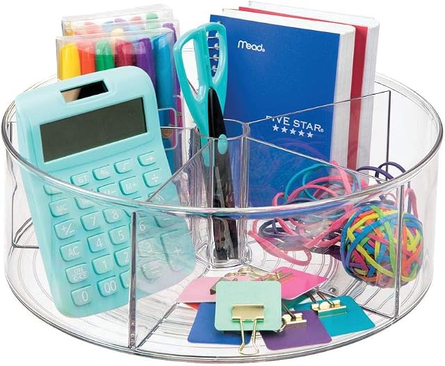 mDesign Spinning Desk Sorter for Office Supplies - 5 Compartments Great for Desk Accessories - Practical Desk Organiser with 5 Dividers - Transparent