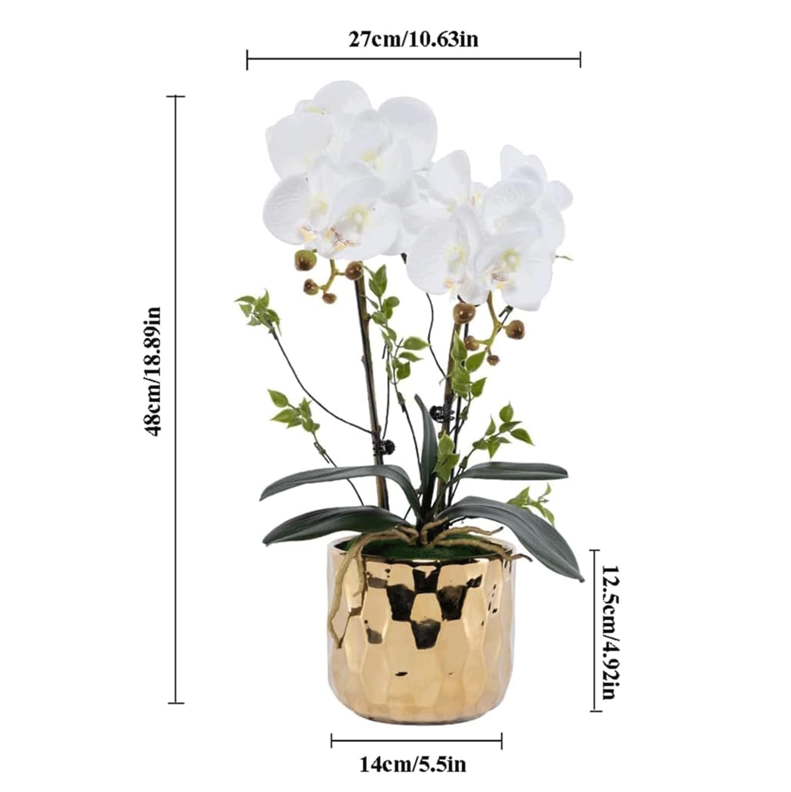 Orquídea Phalaenopsis Artificial de 48 cm en Elegante Maceta de Porcelana Dorada. Ideal para decoración del hogar, Bodas u Oficina. Aspecto Natural y fácil Mantenimiento.