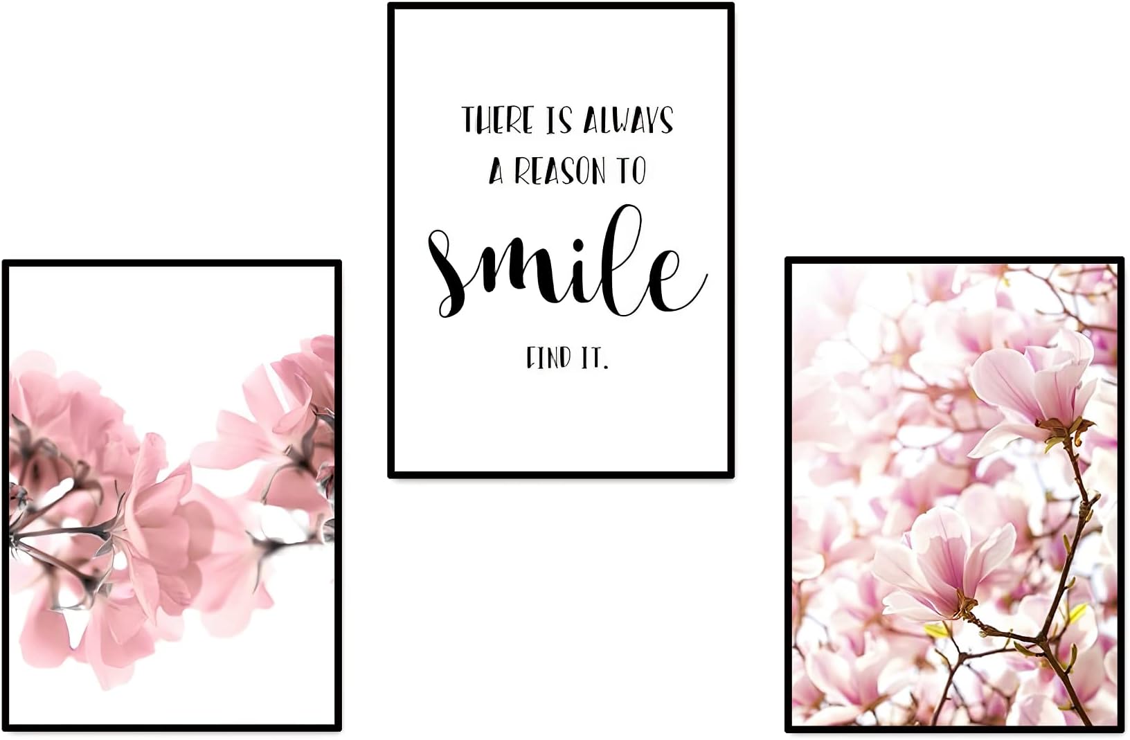 Set of 3 Framed Scandinavian Flower Canvas Poster Pink Magnolia Floral Print Painting Nordic Smile Quote Art Wall Pictures for Living Room Office Bedroom Home Decor Girls Room