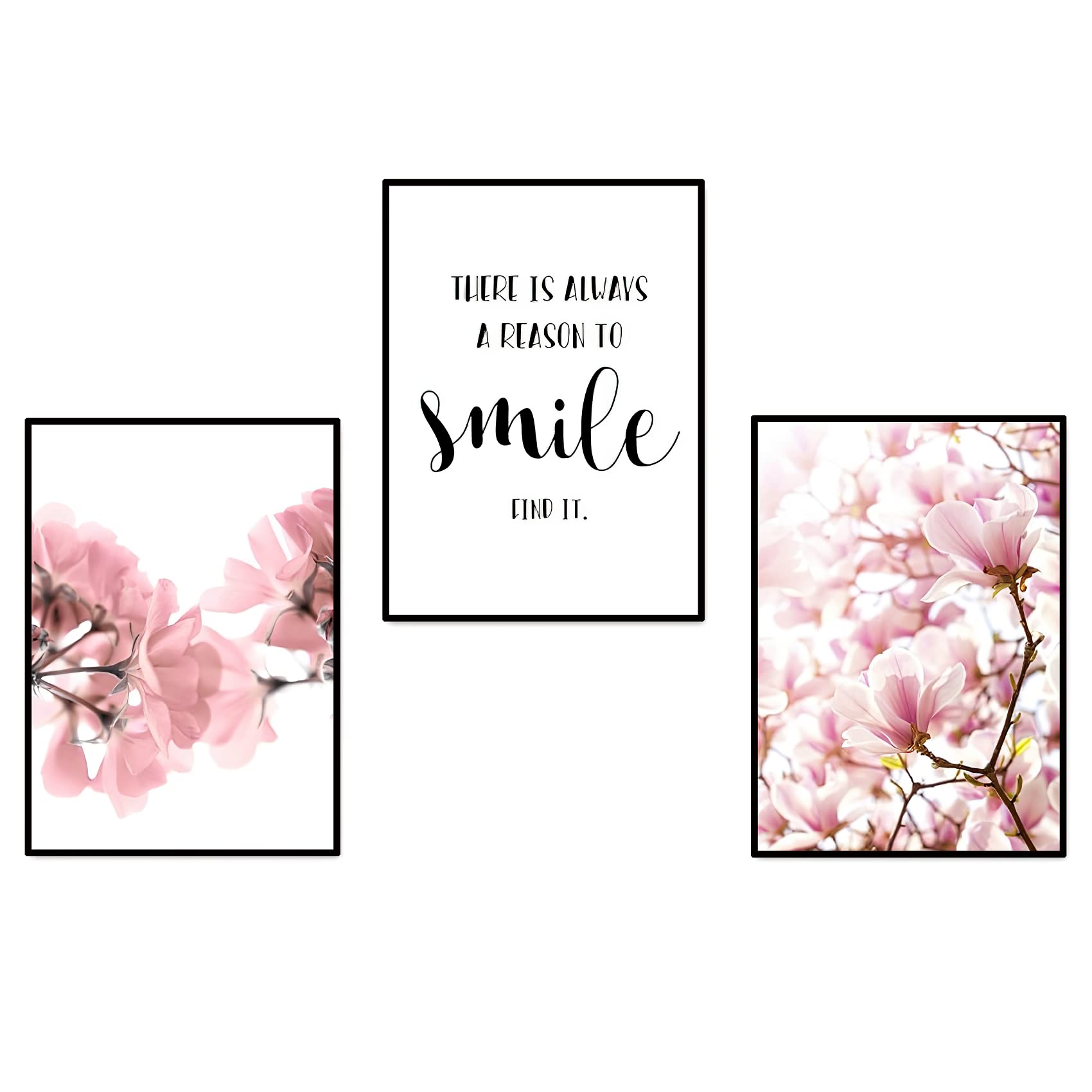 Set of 3 Framed Scandinavian Flower Canvas Poster Pink Magnolia Floral Print Painting Nordic Smile Quote Art Wall Pictures for Living Room Office Bedroom Home Decor Girls Room