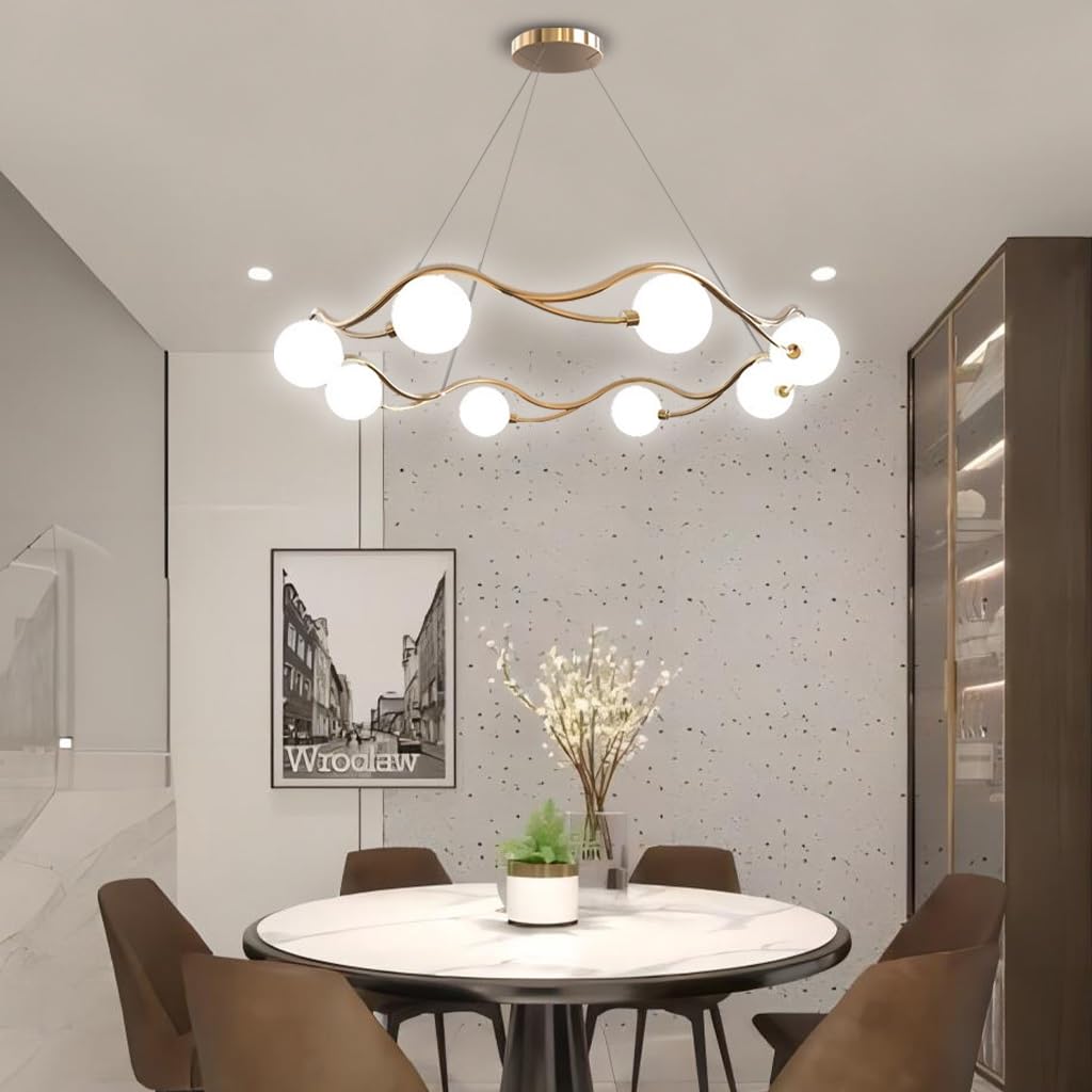 Sala da pranzo dorata Sputnik Vetro bianco Paralume a sospensione lineare Apparecchio di illuminazione a sospensione metà secolo 8 luci per isola cucina Camera da letto Soggiorno Lampada a sospensione