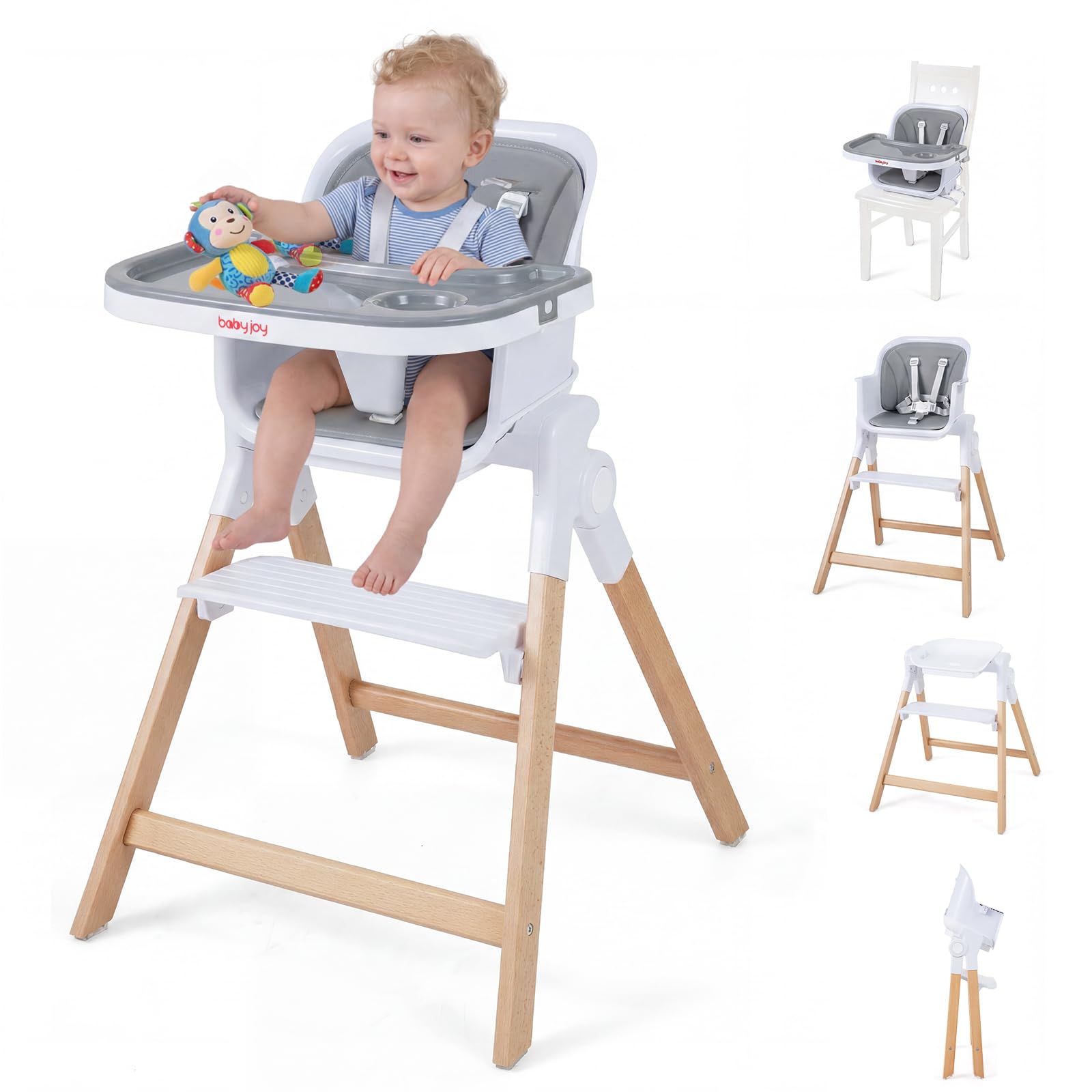 COSTWAY Seggiolone Pappa Pieghevole 4 in 1 con Cuscino di Seduta (Grigio) | Seggiolone per Neonati 6-36 Mesi con Vassoi Rimovibili, Portabicchieri, Cintura di Sicurezza e Gambe in Legno