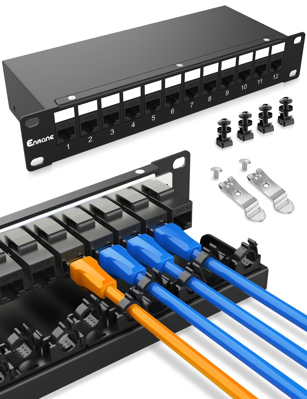 Enmane 12-Port CAT6 Keystone Patch Panel for Rackmount 1U10inch Network Patch Panel with Smart Cable Mangement