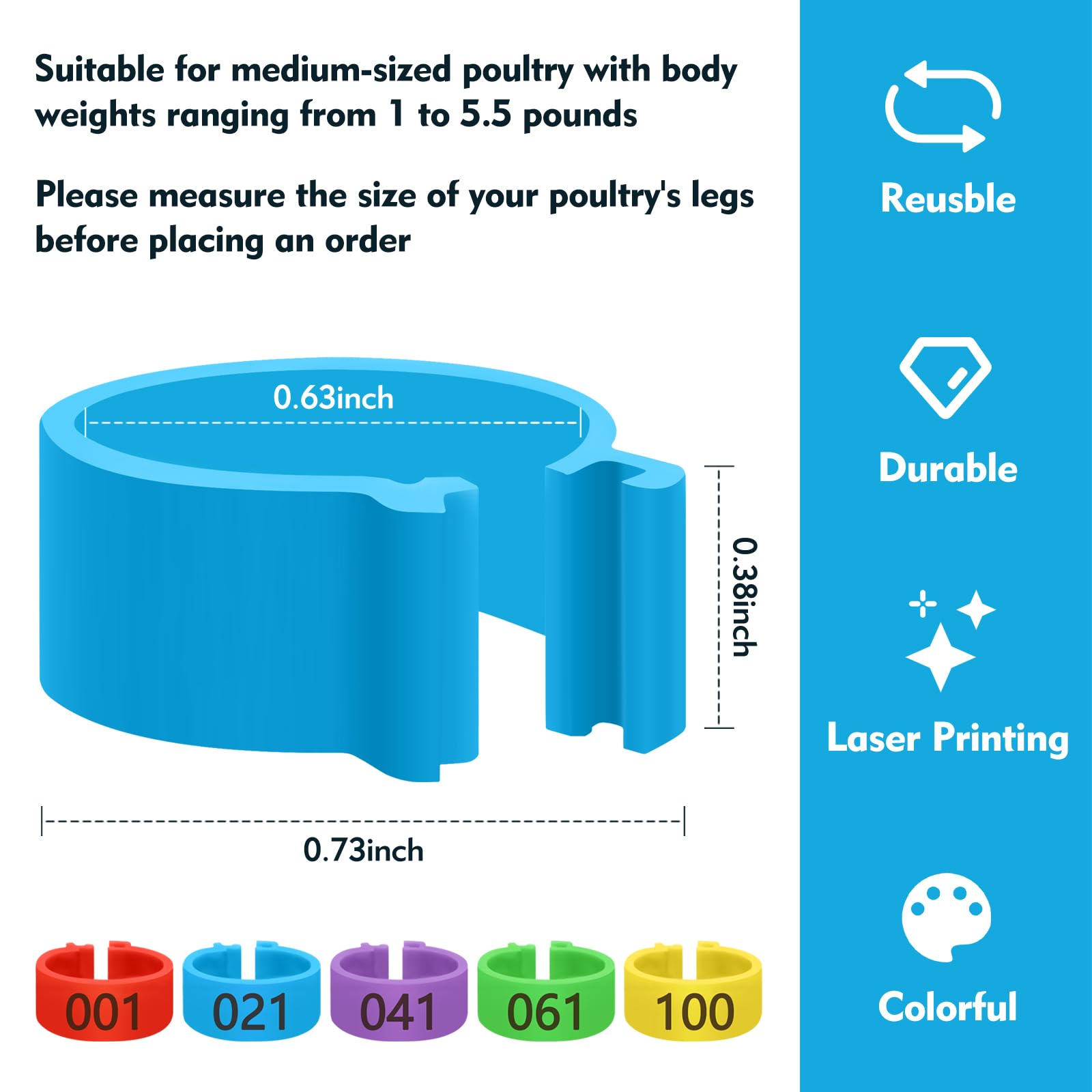 Feehope 100 Pcs 16mm Plastic Chicken Leg Bands, Color-Coded Leg Bands for Chickens & Farmers, Notched Ring Design Chicken Bands Leg for Easy Flock Management