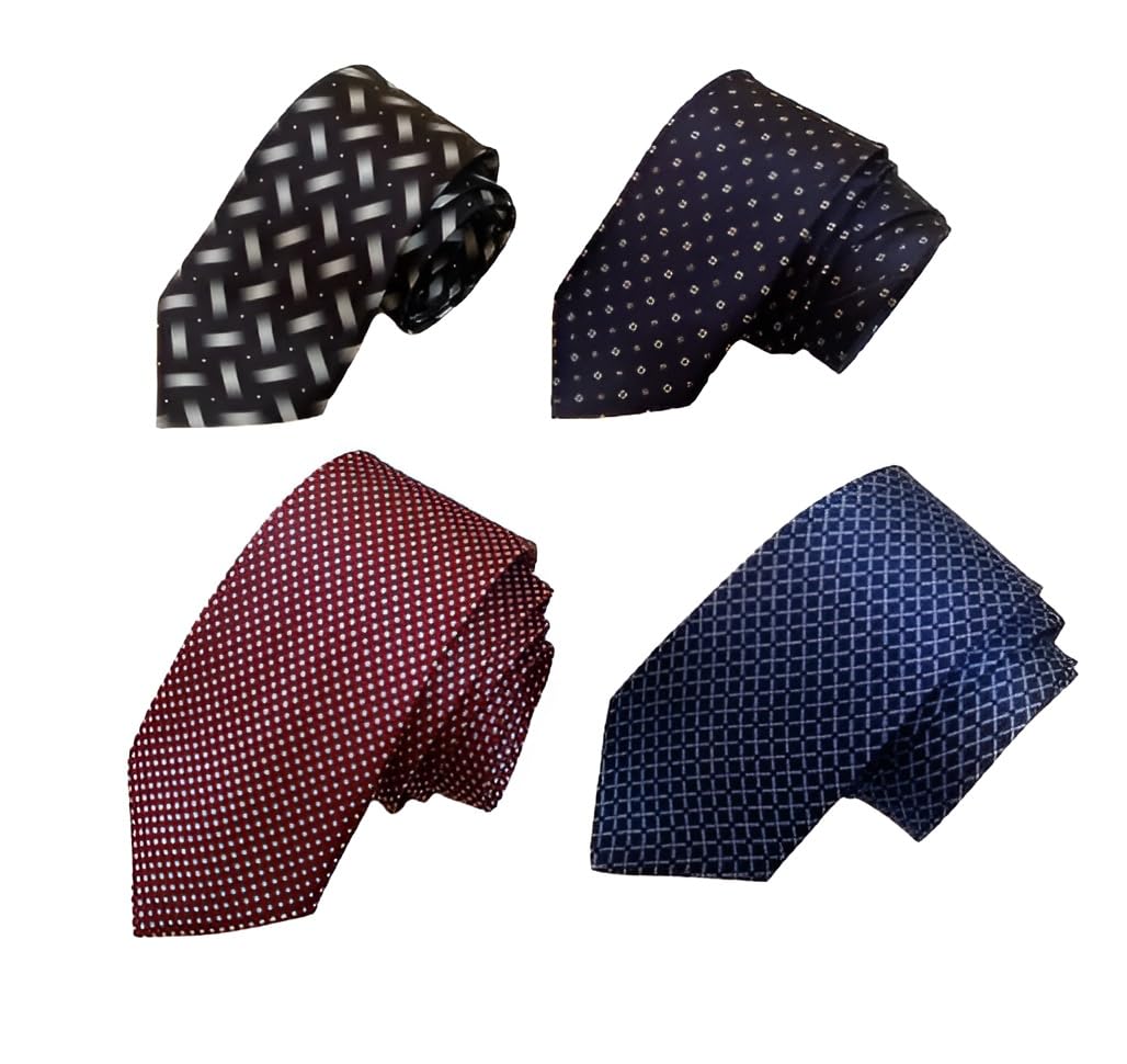 Men's Satin Neckties Combo, 4 Pack, Black Geometric, Navy Diamond,Maroon Polka Dot, Navy Dotted Designs,Width-3 Inch-image-17