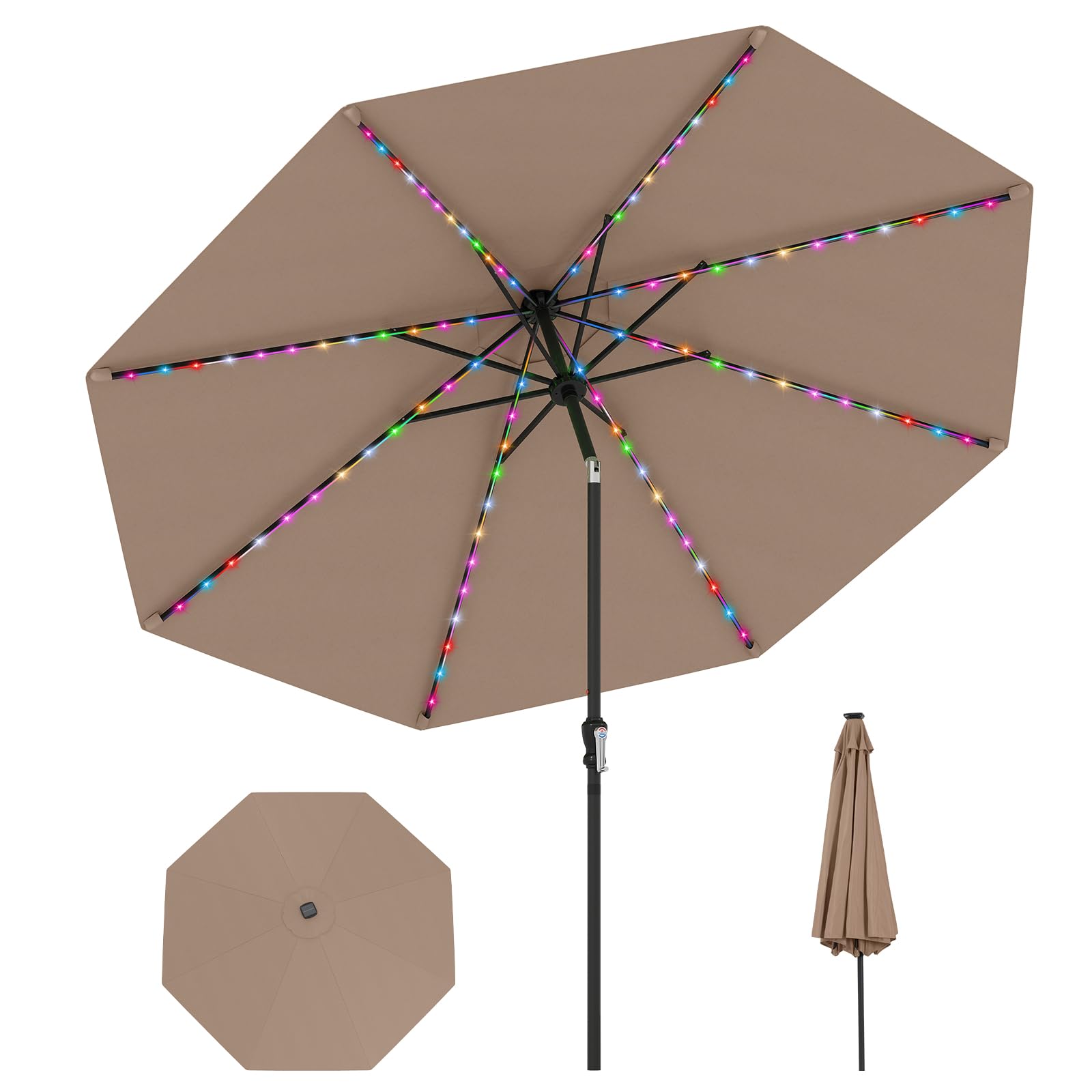 COSTWAY Ombrellone da Esterno 288 cm, con 96 Luci LED, Ombrellone Giardino con Inclinazione Regolabile, Manovella, 8 Stecche e Top Ventilato, Parasole da Mercato per Giardino Spiaggia (Marrone)