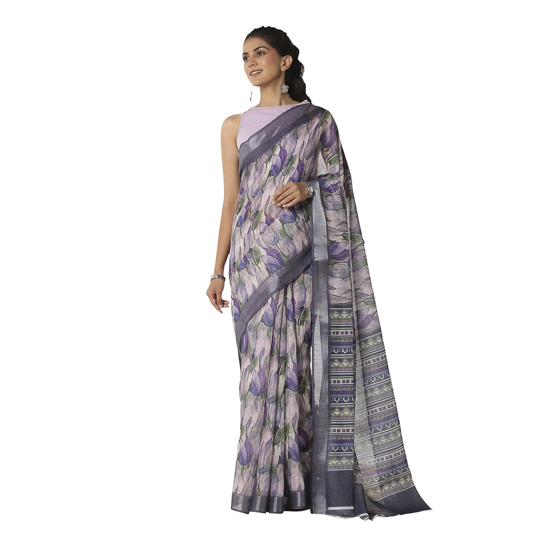 garden vareli Women's Floral Printed Linen Mangalagiri Saree with Unstitched Blouse Piece-picture-1