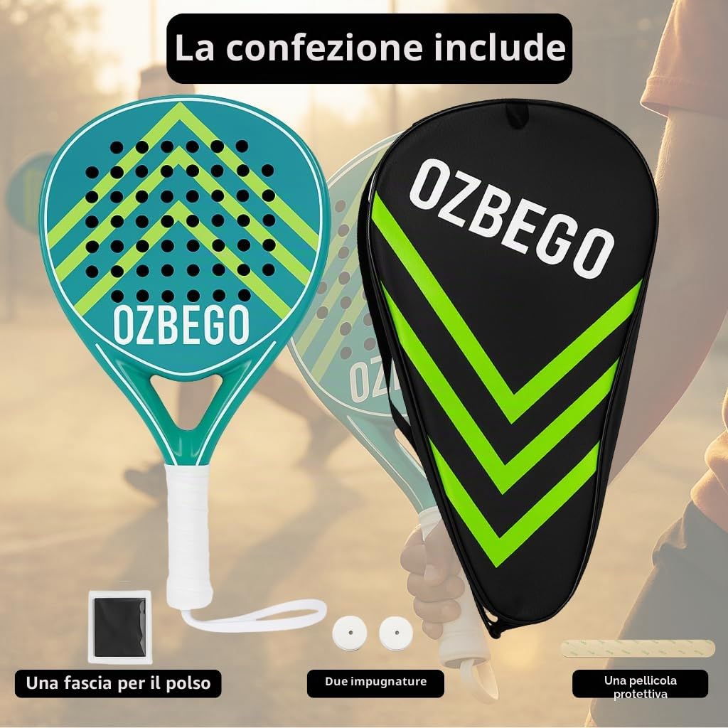 Set di racchette da padel in carbonio con custodia, 2 overgrips, cinturino da polso e pellicola protettiva – leggero e durevole – per principianti e esperti