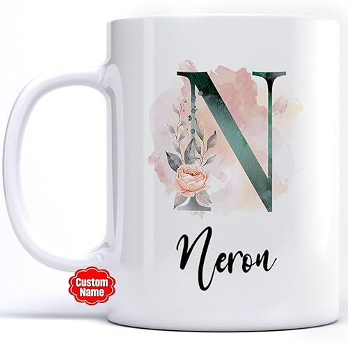 PREZZY Taza personalizada con letra N con inicial, monograma personalizado, taza de café floral, regalos para mujeres, hombres, familiares, amigos,