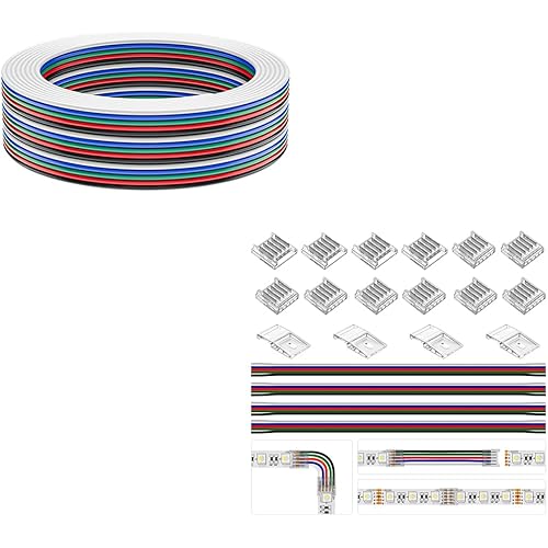 BTF-LIGHTING SMD 5 Pin 12mm 0.47in Width Transparent Connector Kit Support 5050SMD RGBW LED Strip 5 Conductor 24 Gauge Wire Line Cord 5Pin 24AWG 32.8ft/10m 5 Color Electrical Extension Flexible Cable