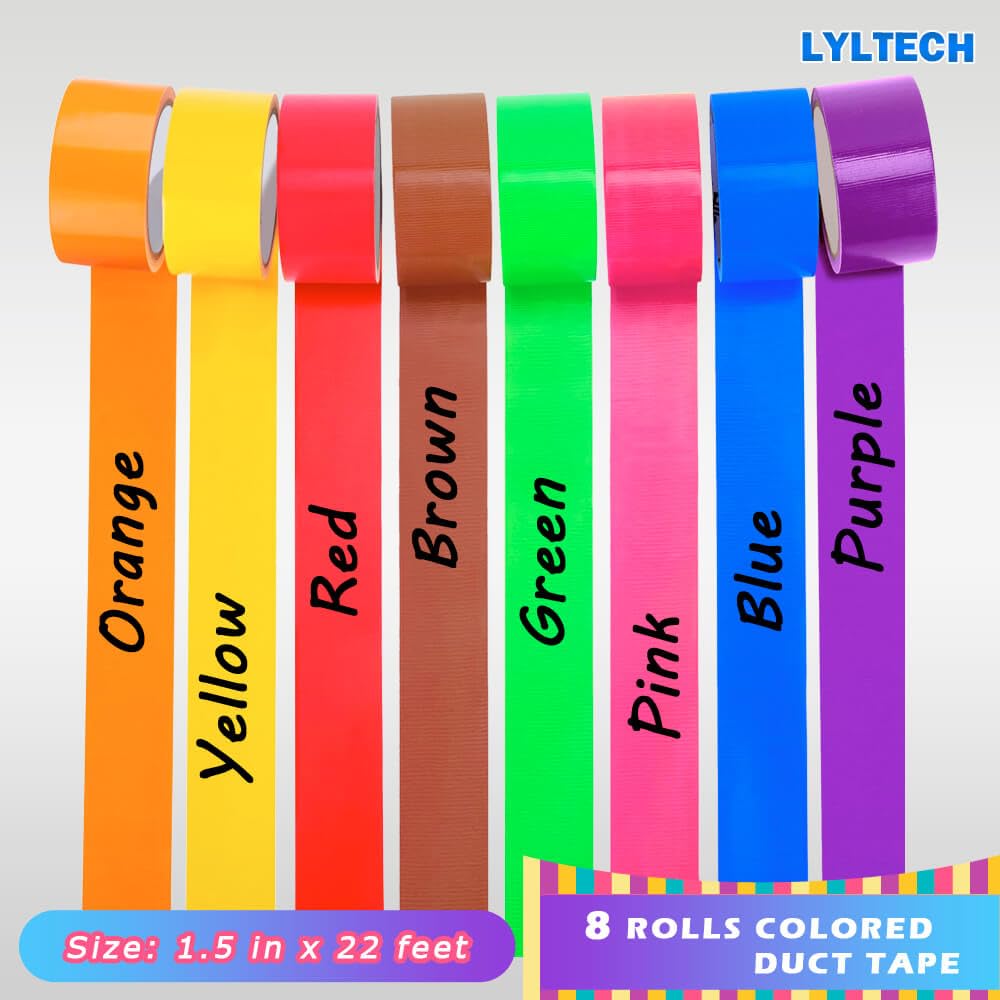 LYLTECH Rainbow Colored Duct Tape 8 Rolls,Colorful Duct Tape,Heavy Duty Rainbow Tape Colored Tape Variety Pack,Arts & Crafts and DIY,Waterproof,Tear by Hand,Great for Packaging, 1.5 in x 22 ft