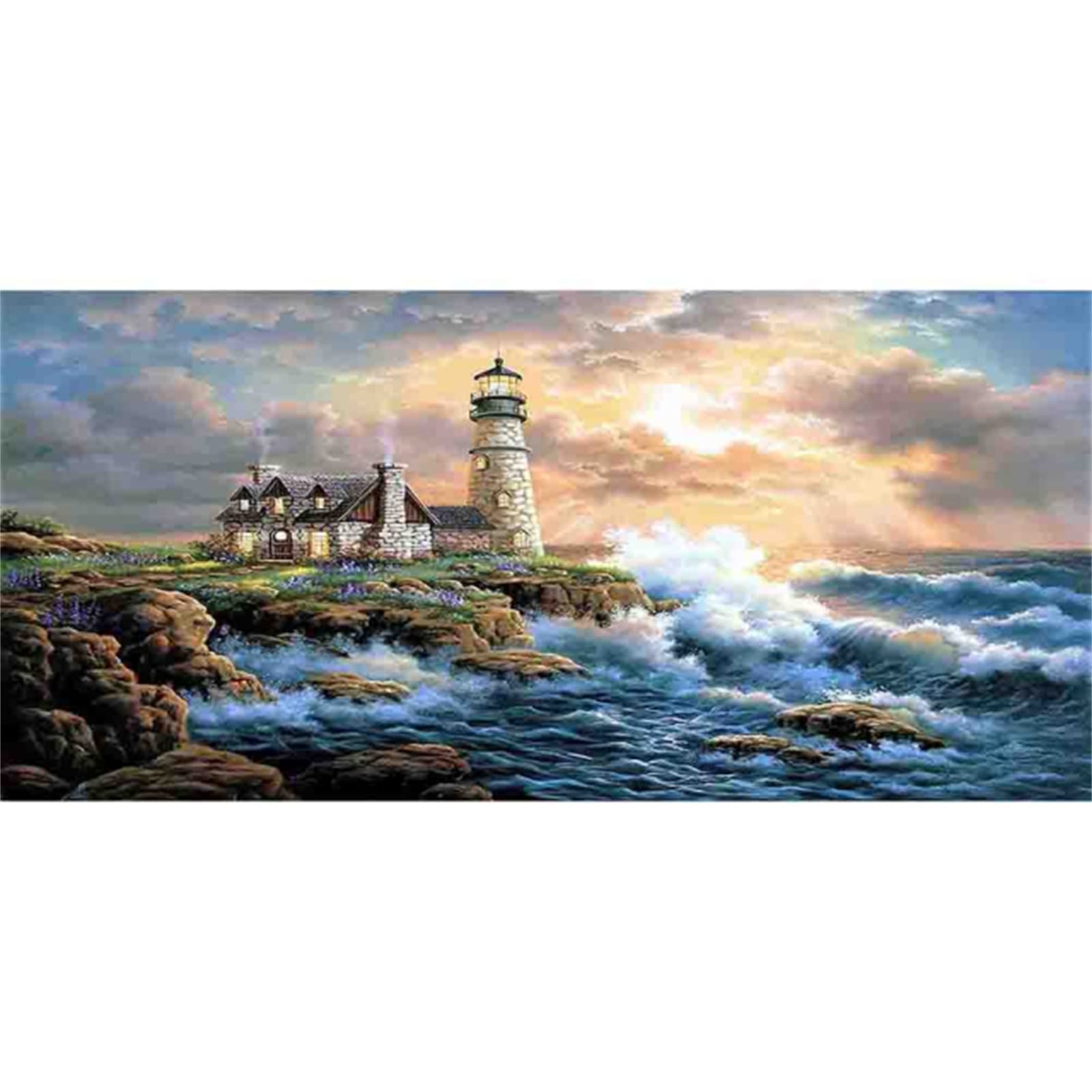 DIY 5D Diamond Painting Kit, 60x120cm Pittura Diamante Kit Completo, Paint by Numbers Adulti kits, Strass Fai da te Ricamo a Punto Croce Diamond Painting Tramonto sul mare del faro per Home Wall Decor